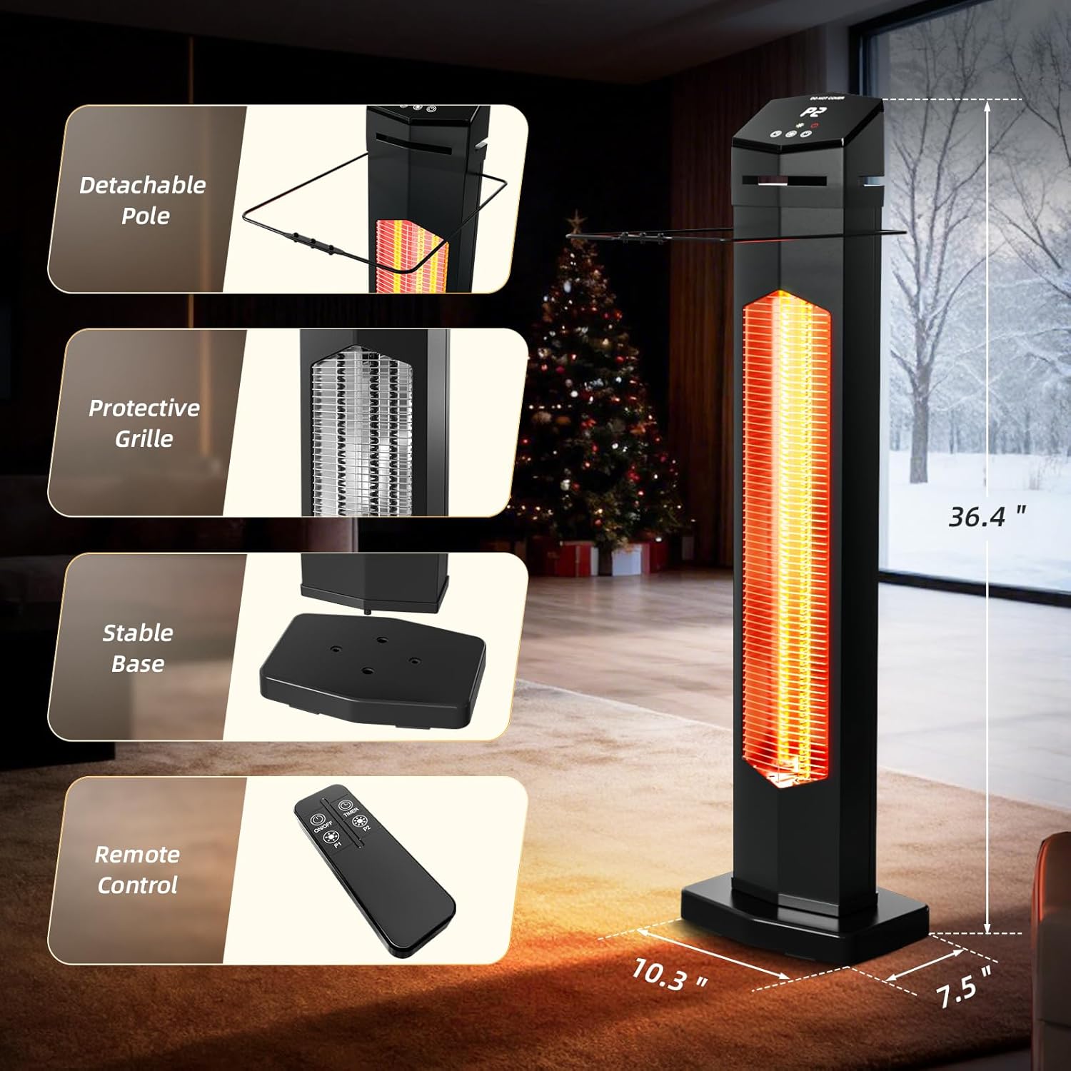 1500W Electric Patio Heater, 36inch Infrared Heater with Remote, IPX5 Waterproof Infrared Tower Space Heater, 2 Heat Levels, 12H Timers, Tip-Over & Overheat Protection for Garage, Indoor, Home - Image 2
