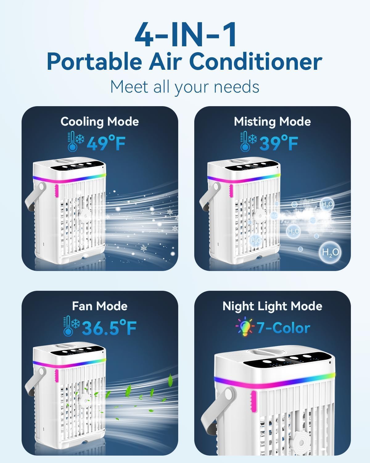 Portable Air Conditioners, 1250ml Mini Air Conditioner Portable Air Cooling Fan Air Cooler Fan with 3 Speeds & 1-3H Timer, Aire Acondicionado Portatil for Bedroom Room Office Desk - Image 7