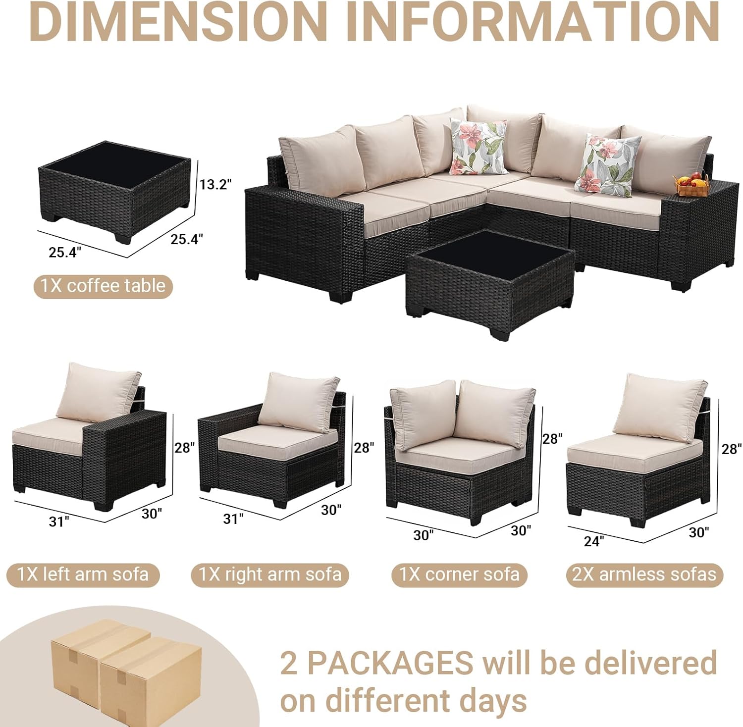 Jing's Villa 6-Piece Patio Furniture Set, All-Weather Outdoor Wicker Sectional Sofa with Cushions, Glass Table & Left and Right Armrest, Rattan Conversation Seating for Porch, Garden, Backyard,Beige - Image 7