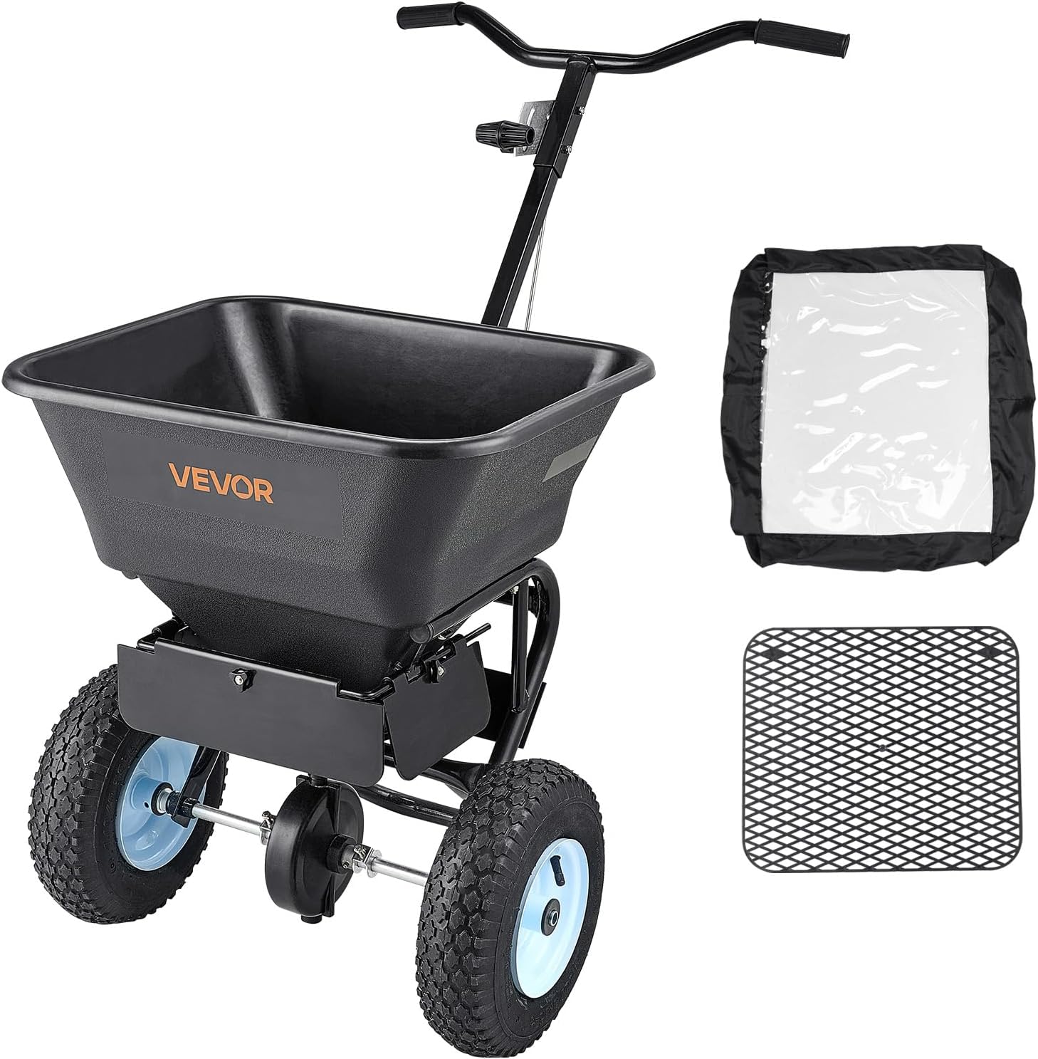 VEVOR Broadcast Spreader, 100LBS Capacity, Walk-Behind Push Spreader, 0-9.8ft Spreading Width, 13 in All Terrain Pneumatic Tires, Fertilizer Spreaders with Hopper Grate, for Seed Salt Ice Melt