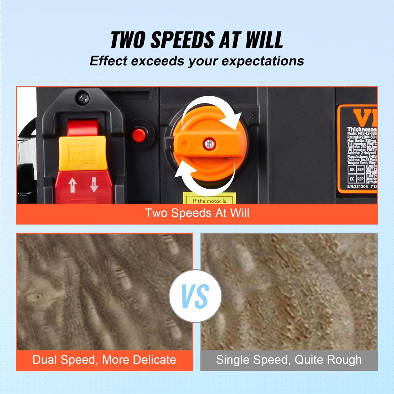 VEVOR Power Benchtop Planers, Three-Blade, Two Speed, 13" Width Worktable Thickness Planer with Extended Infeeding Table, Low Noise for both hard & soft wood material removal - Image 4