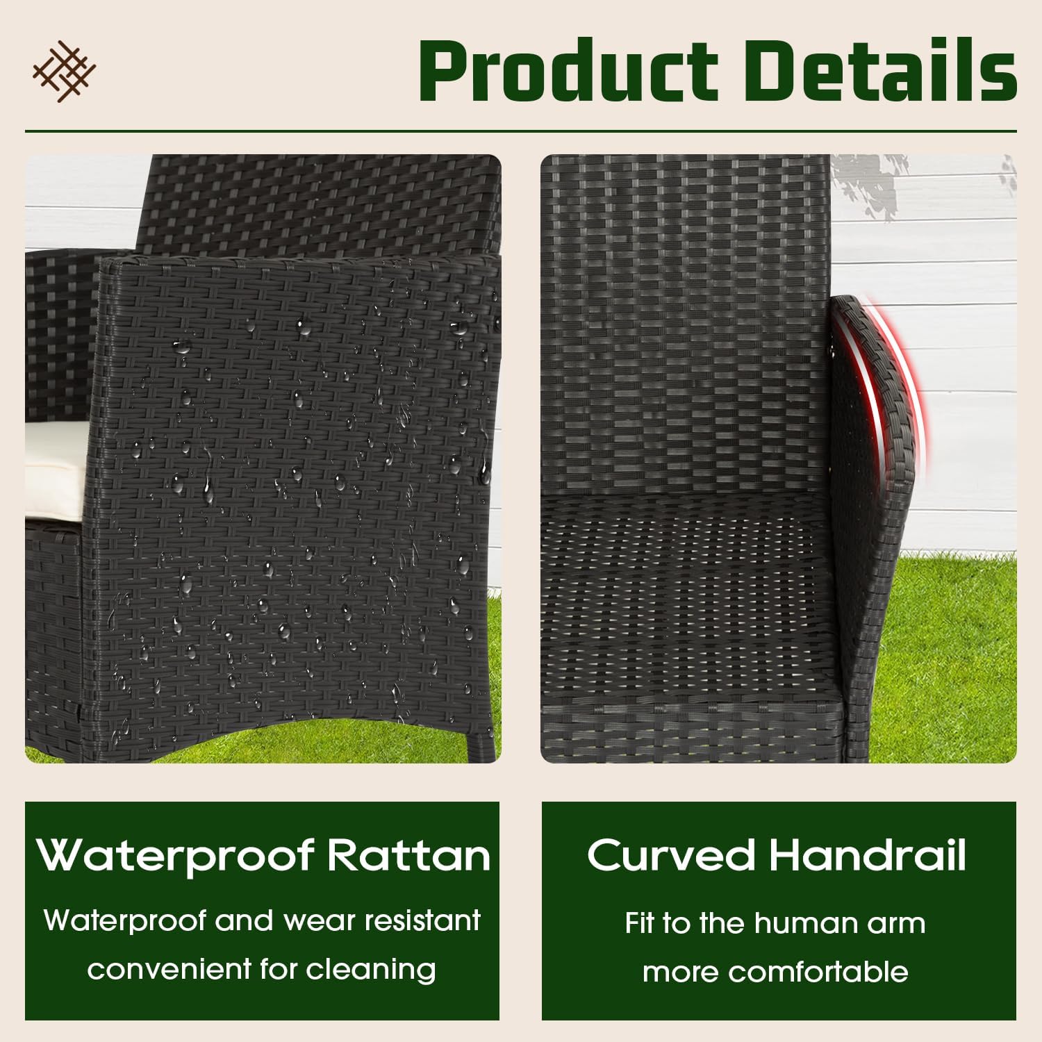 FDW | 4-Piece Patio Furniture Set | Black | Outdoor Wicker Furniture with Coffee Table | Modern Rattan Chairs Conversation Set | Outdoor Seating | Weather-Resistant | for Porch, Garden, Lawn - Image 3