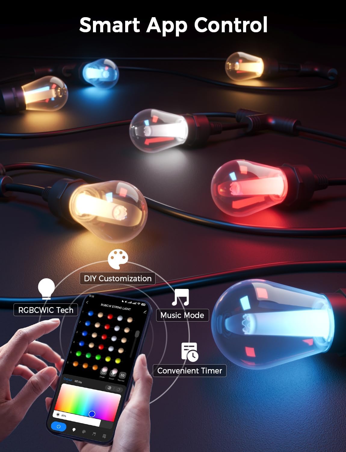 XMCOSY+ Smart Outdoor String Lights, 123Ft Patio Lights Waterproof, App Control, Compatible with Alexa, RGBCWIC Color Changing LED String Light for Outside - Image 2