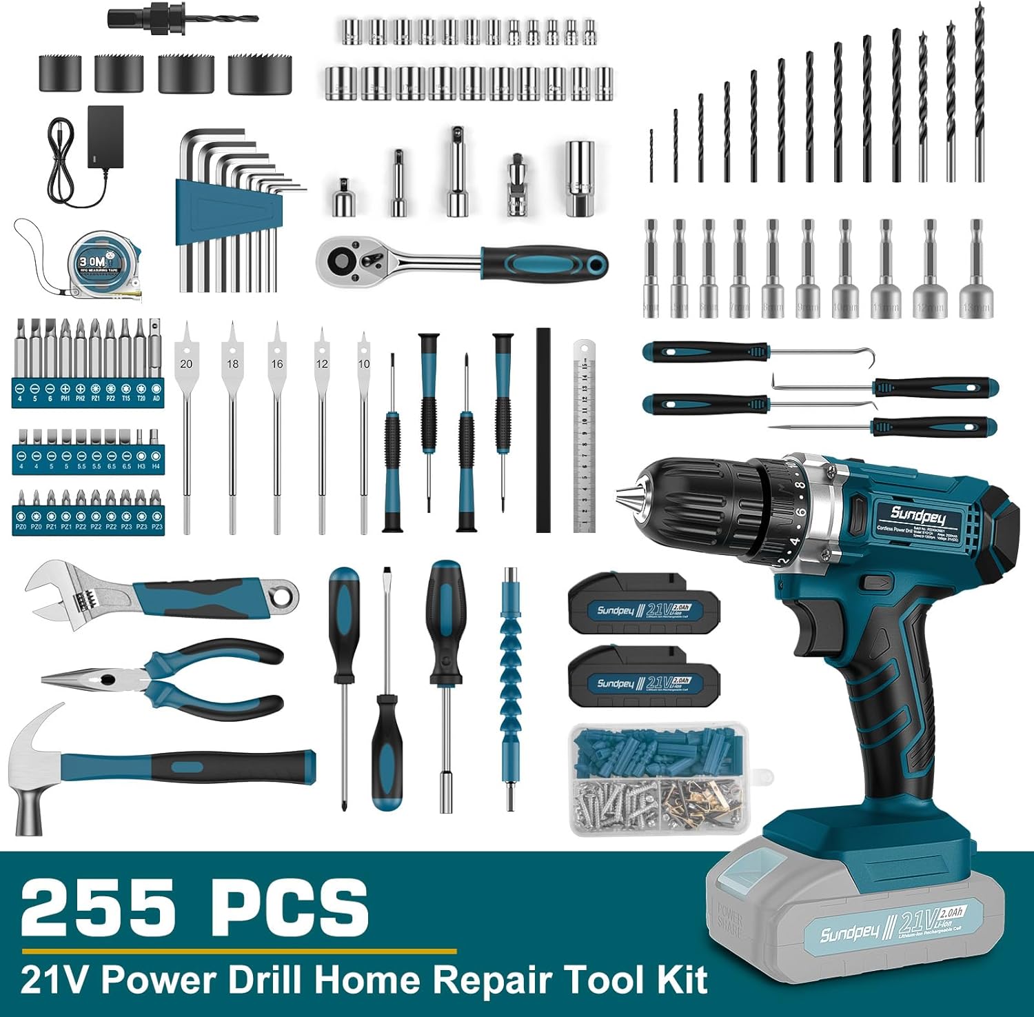 Tool Kit with 21V Cordless Drill - Sundpey 255-PCs Portable Complete General Basic Home and Auto Repair Tool Set with Drawer for Handyman & Diyer & Homeowner - Power Drill with 2 x 2.0Ah Batteries - Image 2