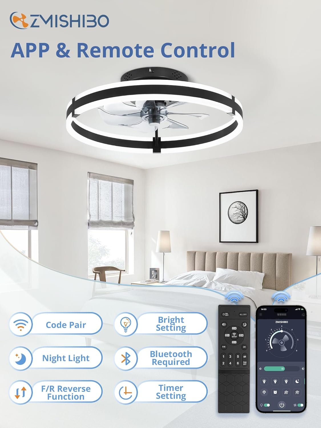 ZMISHIBO Ceiling Fans with Lights and Remote, 19.7'' Low Profile Ceiling Fan, 3000-6000K Dimmable Modern Flush Mount LED Fan Light, 6 Wind Speeds, Black Fandelier Ceiling Fans for Bedroom - Image 5