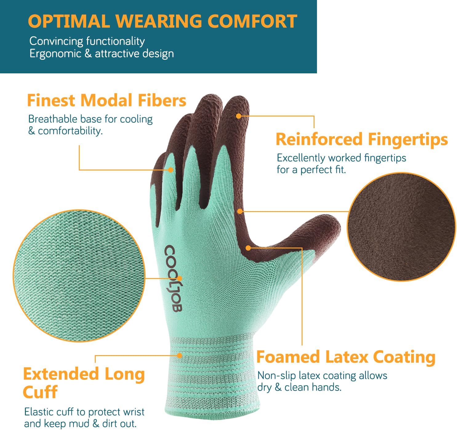 COOLJOB 2 Pairs Breathable Gardening Gloves for Women Medium, Stretch Soft Modal Base with Non Slip Rubber Coating, Palm Dipped Grip Work for Gardener Worker in Lawn Yard Factory Garden - Image 2