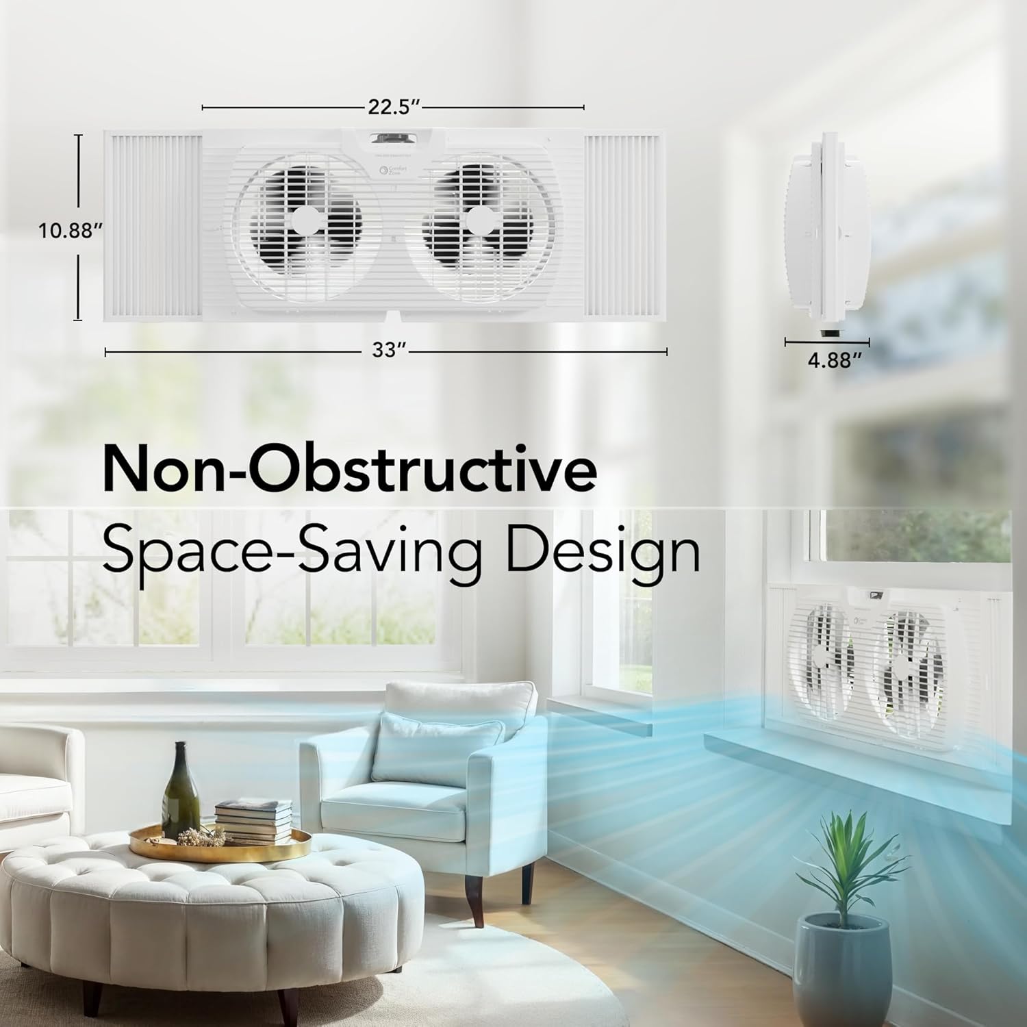 Comfort Zone 9-Inch 3-Speed Reversible Twin Window Fan – Dual Blade Window Exhaust Fan with Auto-Locking Expanders, 22.25" to 33" Wide – Tabletop Feet & Removable Bug Screen included - Image 6