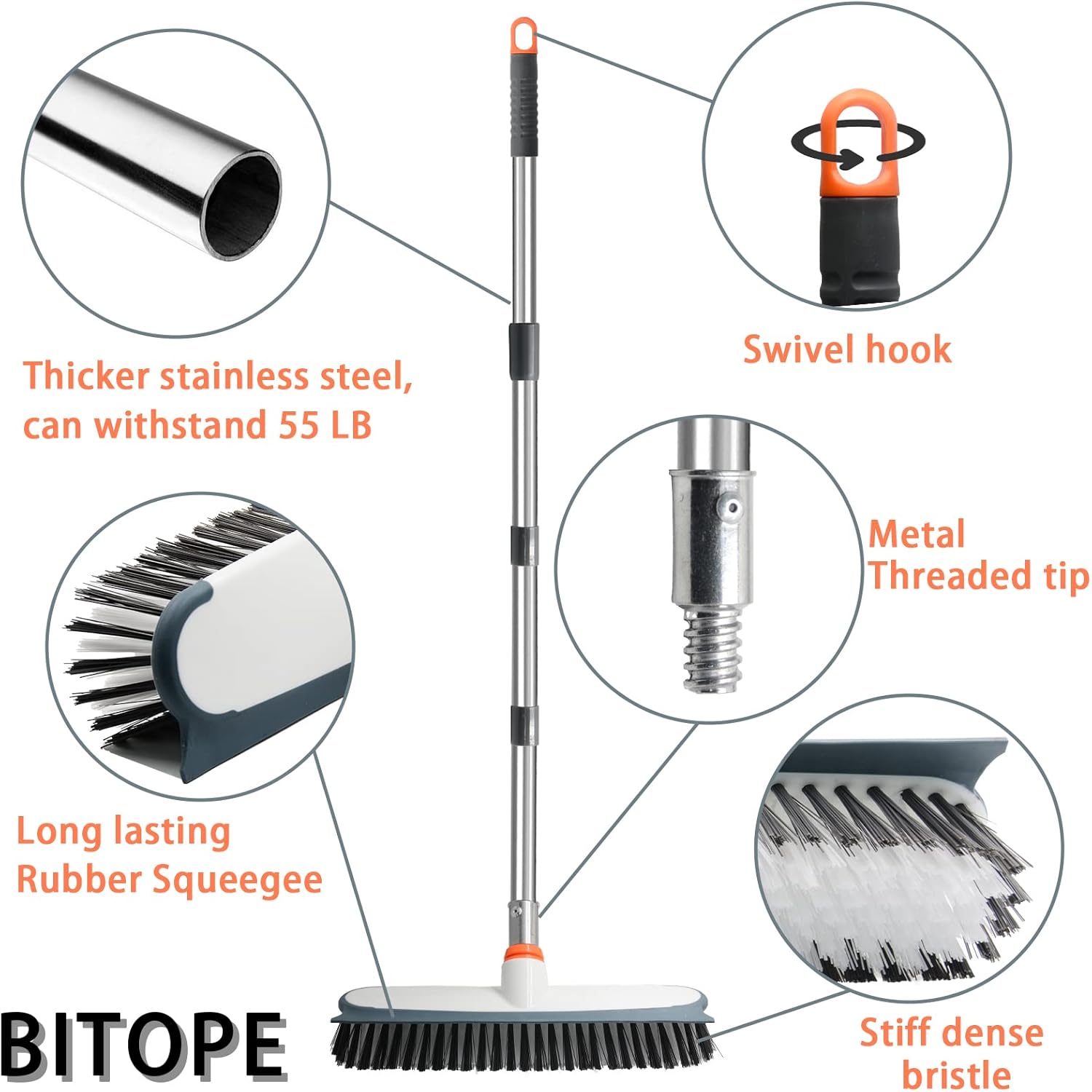 Heavy Duty Floor Scrub Brush and Grout Cleaner Tool with Long Handle Deck Brush with Stiff Bristles Outdoor Scrubber for Cleaning Deck Tile Kitchen Swimming Pool Bathroom(2 Pack Brush Head) - Image 9