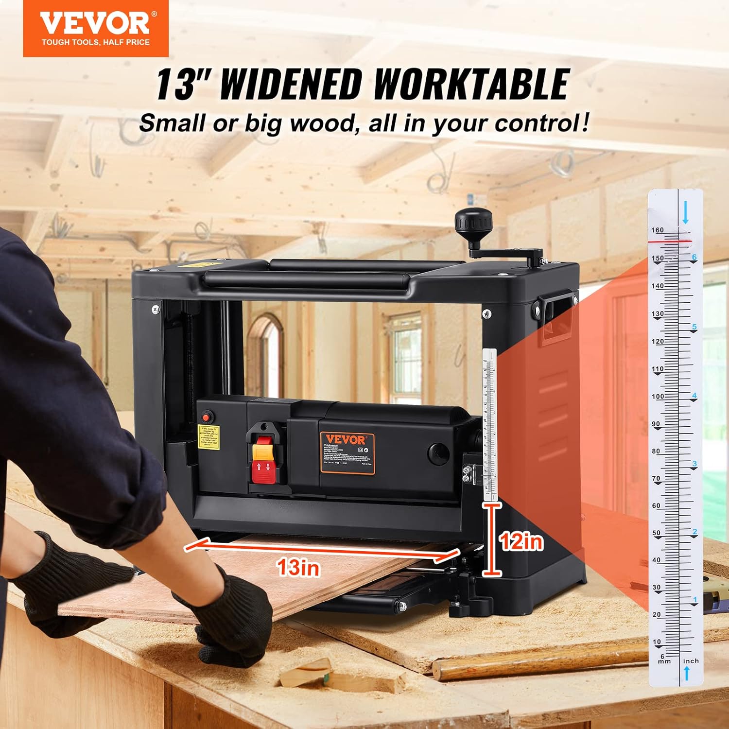 VEVOR Thickness Planer, Two-Blade, 13" Width Worktable Benchtop Planer, 15-Amp 2000W Powerful Motor, 12" Extended Infeeding Table, Low Noise for both hard & soft wood material removal - Image 2