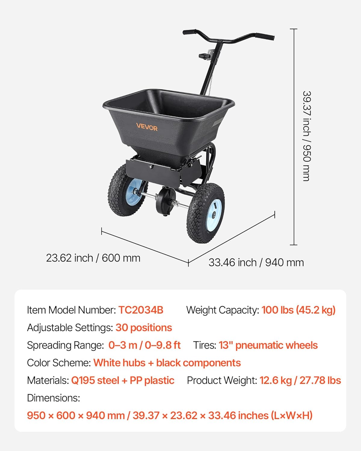 VEVOR Broadcast Spreader, 100LBS Capacity, Walk-Behind Push Spreader, 0-9.8ft Spreading Width, 13 in All Terrain Pneumatic Tires, Fertilizer Spreaders with Hopper Grate, for Seed Salt Ice Melt - Image 7