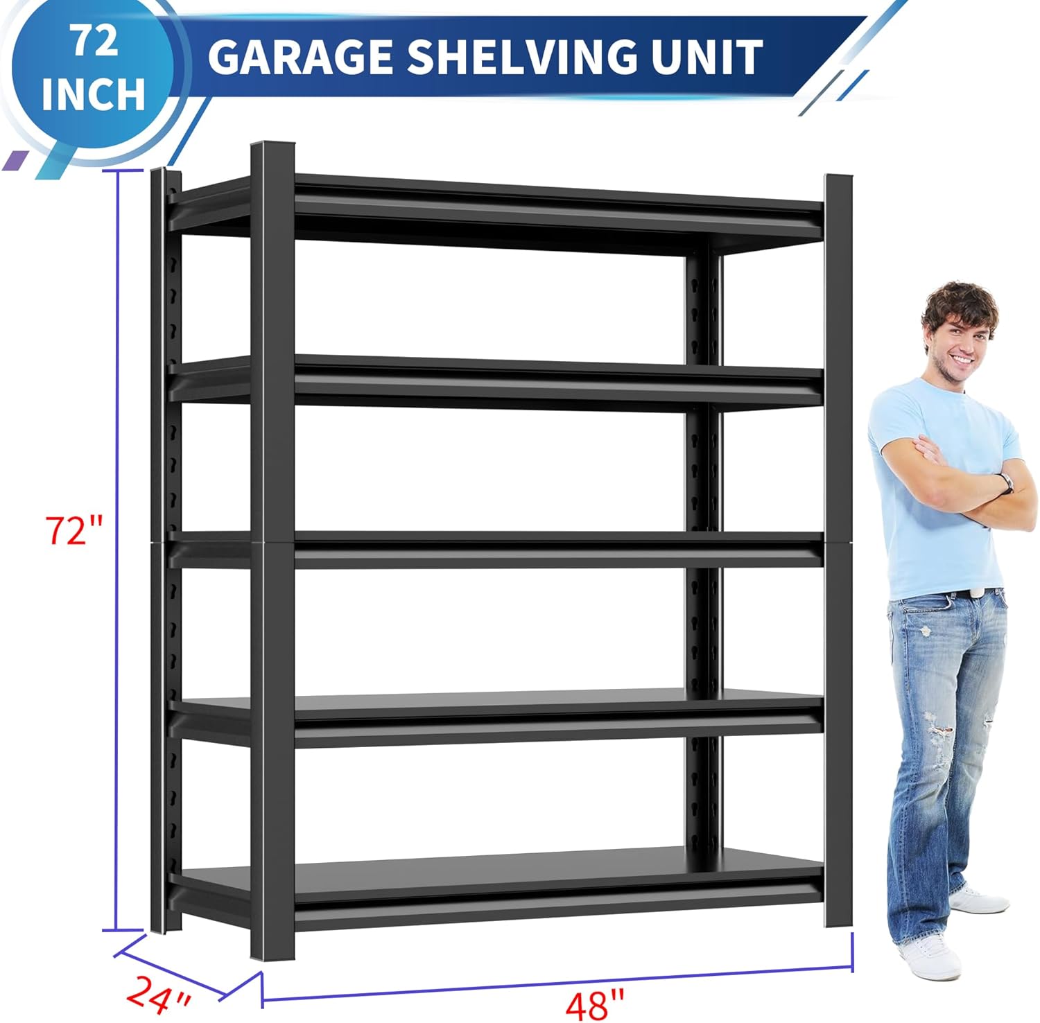 Garage Shelving Unit 24" D x 48" W x 72" H Heavy Duty Storage Shelves Easy Assembly 5 Tier Adjustable Metal Shelving Utility Shelf Rack Garage Storage Organizer for Basement, Warehouse - Image 3
