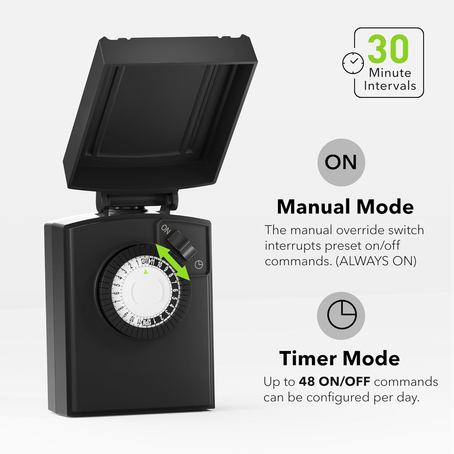 BN-LINK 24 Hour Heavy Duty Mechanical Timer, Outdoor Timer Outlet Waterproof with 30 Minutes Intervals, 2 Grounded Outlets for Christmas Lights Pool Pump,15A 1/2HP, ETL Listed - Image 3