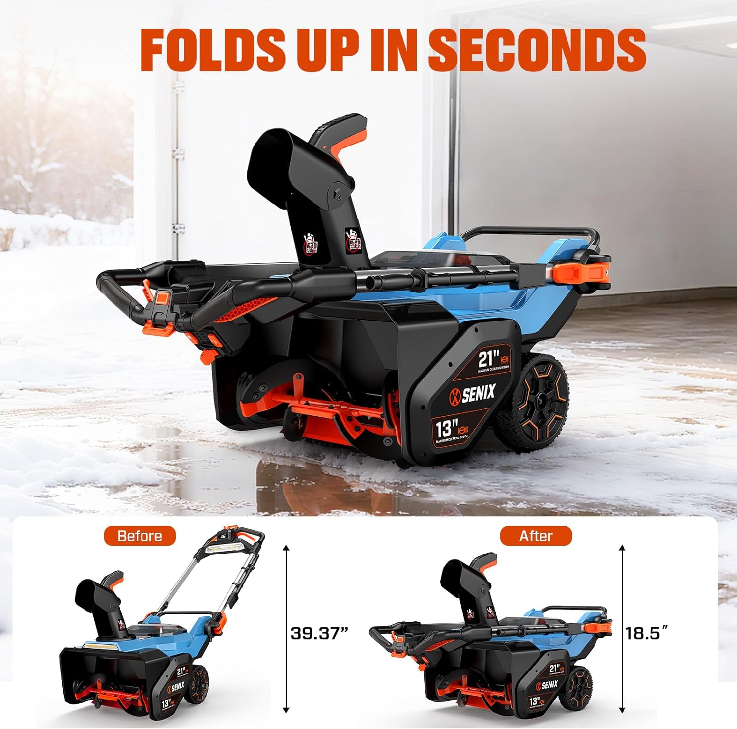 SENIX 60V 21" Cordless Snow Blower, Steel Auger, 3500W Brushless Motor, Heated Handle,13" Depth, 45FT Throw Distance, LED Lights, 16000mAh Batteries & Dual Port Charger,1200lbs/min - Image 8