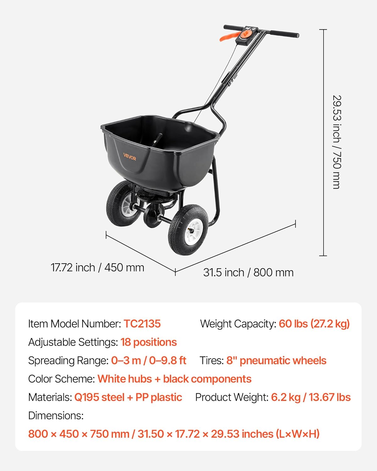 VEVOR Walk Behind Spreader, 60LBS Capacity, Push Spreader with Hopper Grate, 0-9.8 ft Spreading Width, 8 in All Terrain Pneumatic Tires, Garden & Lawn Broadcast Spreaders, for Seed, Fertilizer - Image 7