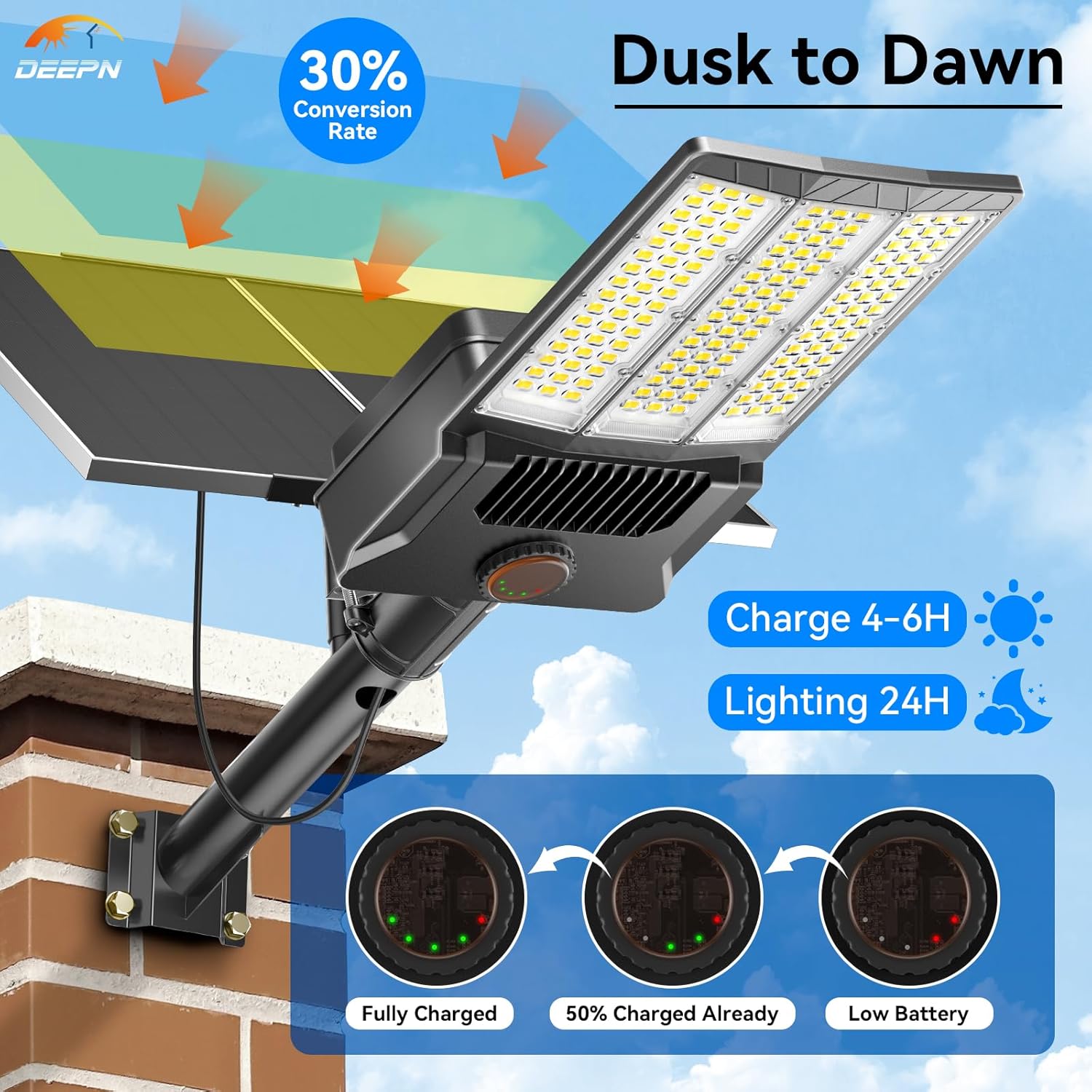 Deepn Solar Street Light 12000W Aluminum Commercial Grade Solar Parking Lot Lights with Motion Sensor & Dusk to Dawn IP67 Waterproof Heavy Duty Security Flood Lights for Street, Yard, SZ4000, 1Pack - Image 4