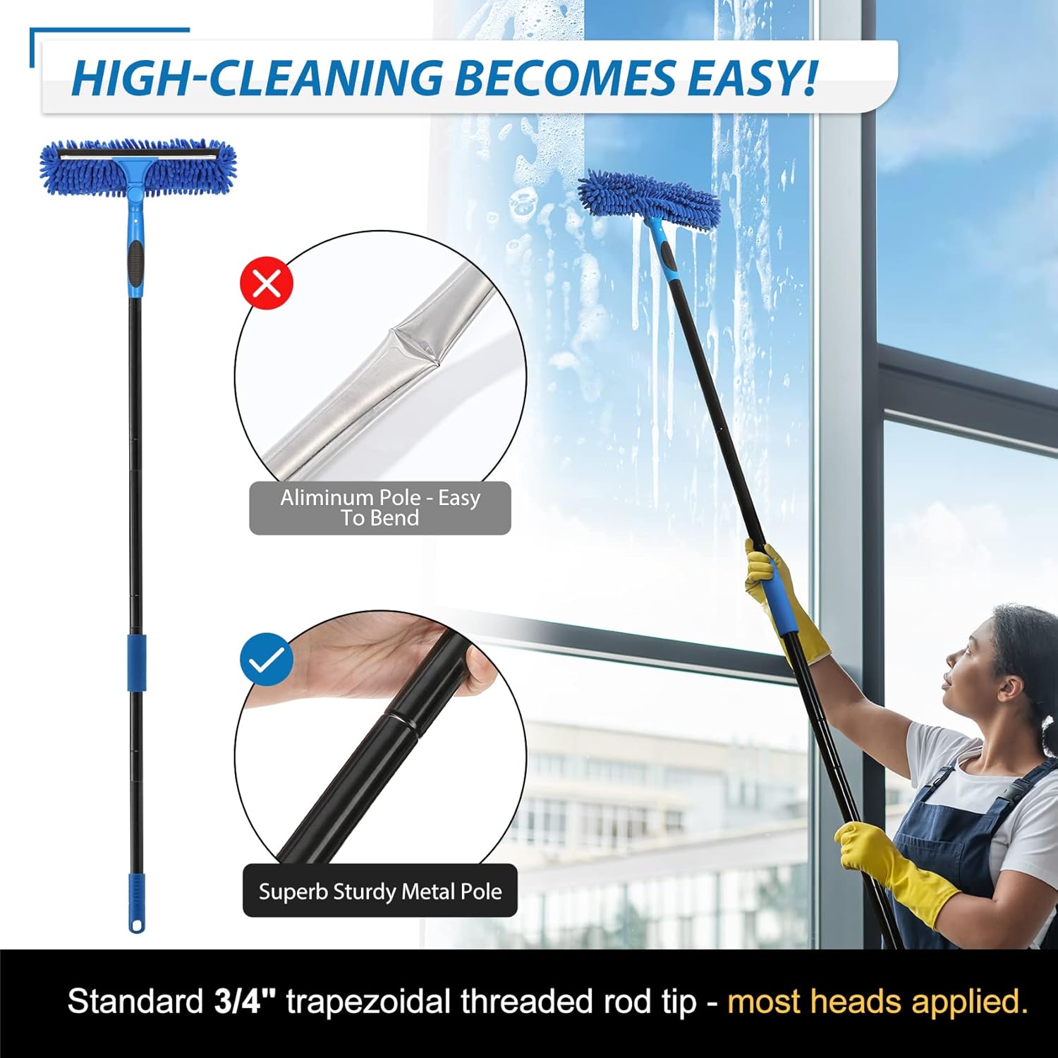 VITEVER Professional 69'' Window Squeegee Cleaner Tool with Extension Pole, 2-in-1 Squeegee for Window Cleaning Kit with Scrubber and Rotating Head, 1 Blade 2 Scrubber - Image 4