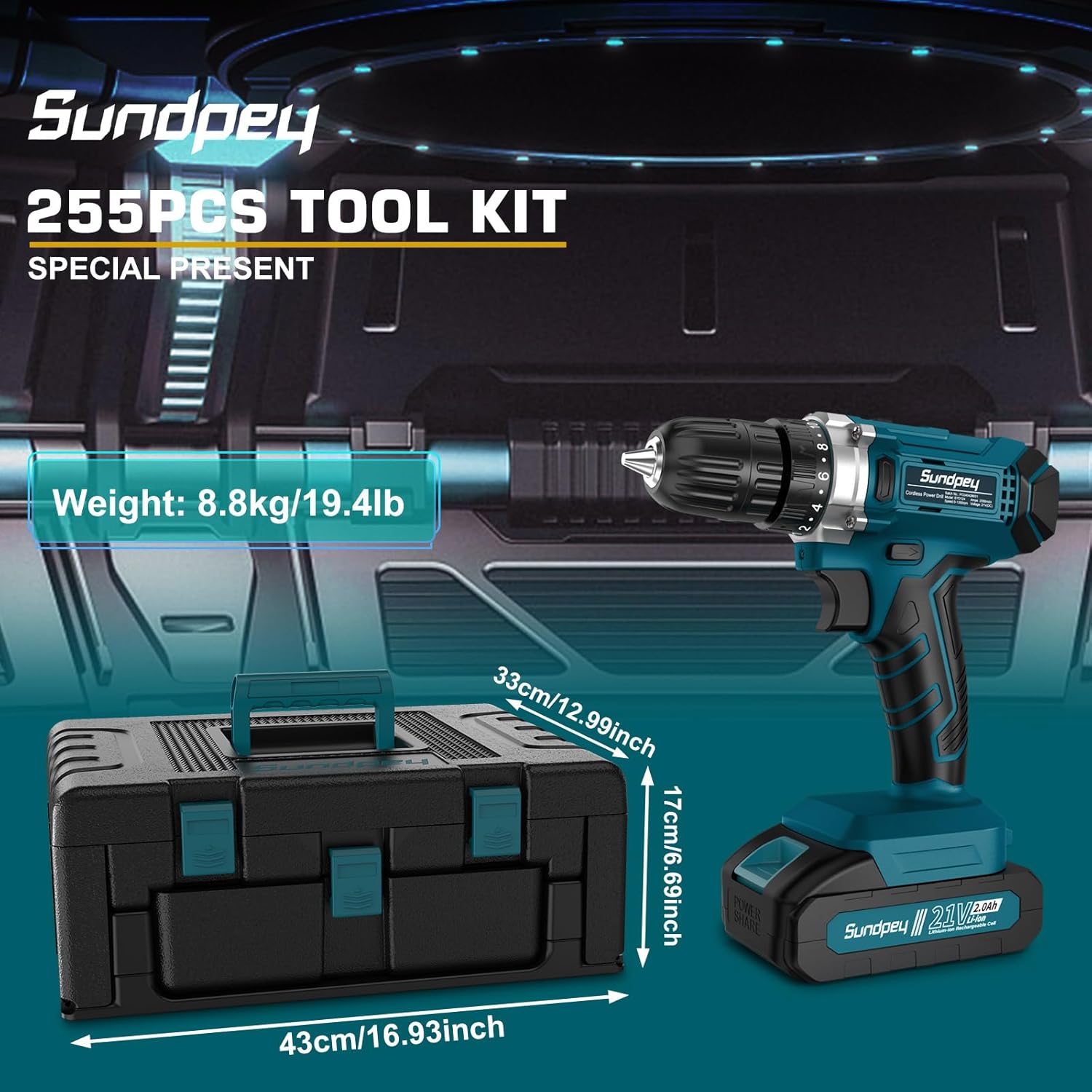 Tool Kit with 21V Cordless Drill - Sundpey 255-PCs Portable Complete General Basic Home and Auto Repair Tool Set with Drawer for Handyman & Diyer & Homeowner - Power Drill with 2 x 2.0Ah Batteries - Image 3