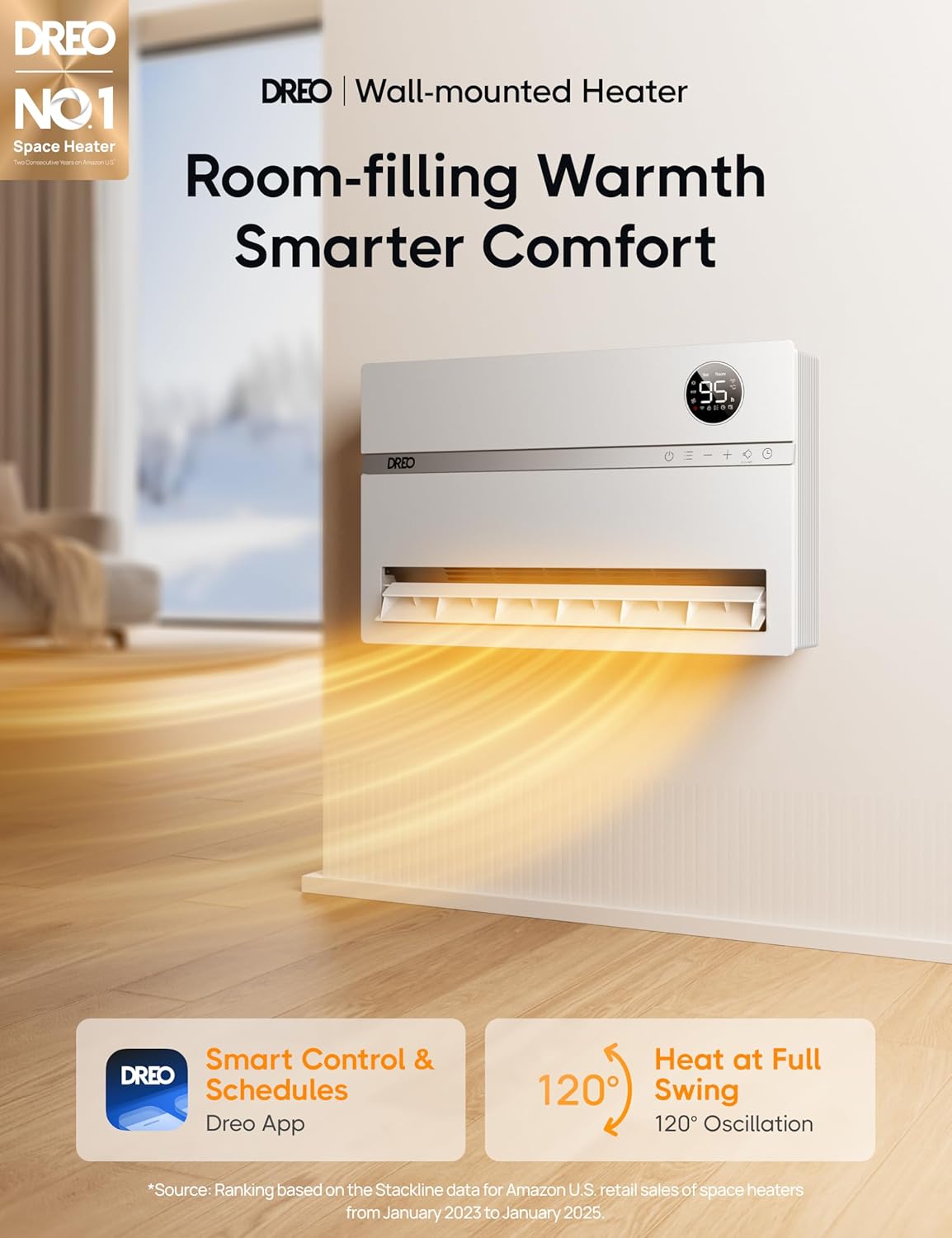 Dreo Smart Wall Heater, Electric Space Heater for Bedroom 1500W, 120° Vertical Oscillation, Adjustable Thermostat, Remote Control, 24H Timer, Easy-Mount Heater for Indoor Use, Works with Alexa, WH719S - Image 2