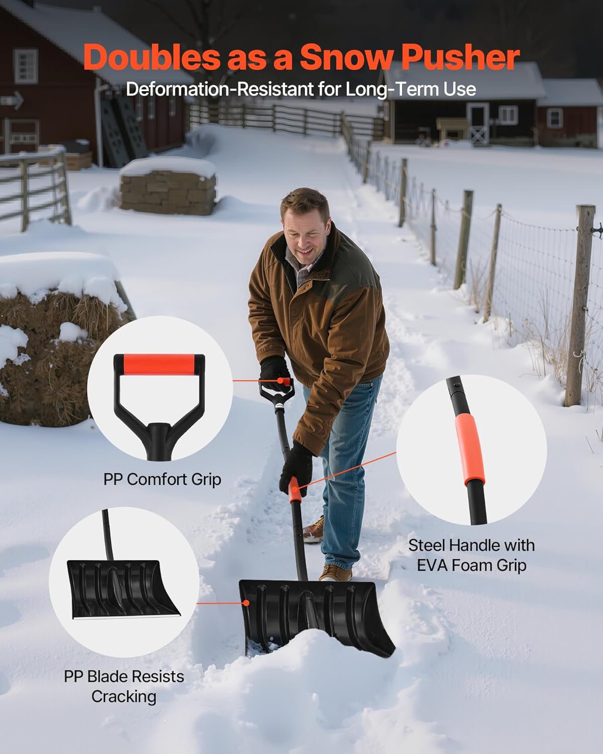 VEVOR Snow Shovel for Driveway, 17 in Wide Plastic Snow Shovel with D-Shaped Handles & Aluminum Blade, Large Capacity Snowplow Shovels, Lightweight Snows Removal Tool for Garden Car Camping - Image 5
