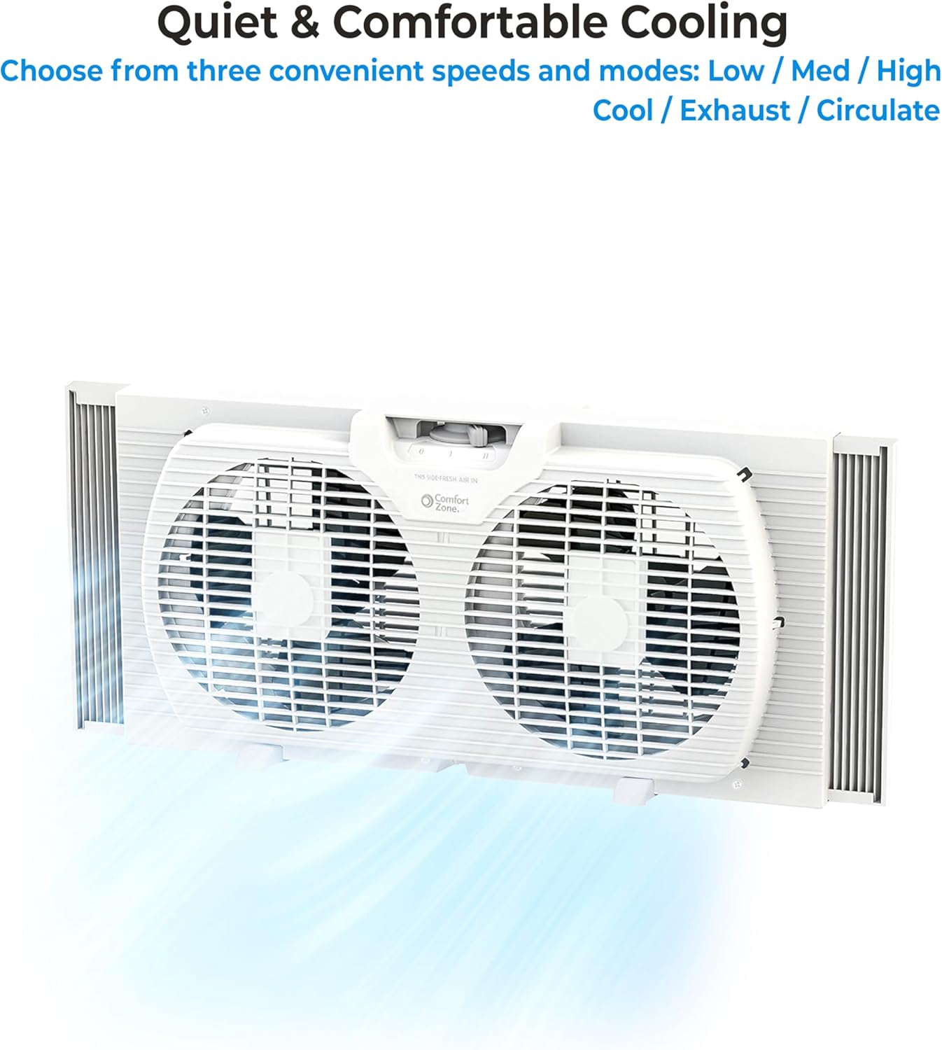 Comfort Zone Twin Window Fan with Reversible Airflow Control, 9 inch, Auto-Locking Expanders, 2 Speed Fan, Dual Fan, Exhaust, Airflow 9.84 ft/sec, Ideal for Home, Kitchen, Bedroom & Office, CZ319WT - Image 8