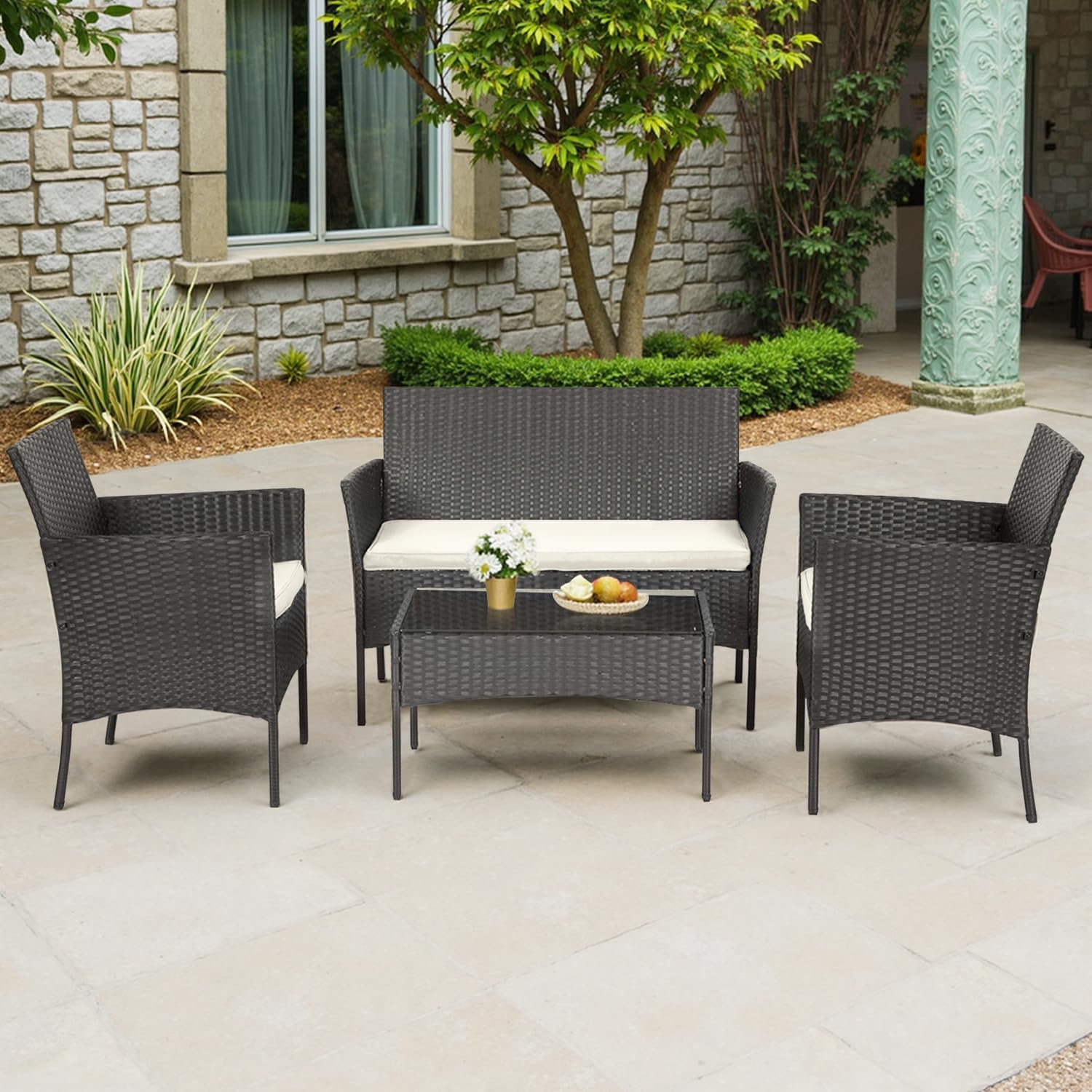 FDW | 4-Piece Patio Furniture Set | Black | Outdoor Wicker Furniture with Coffee Table | Modern Rattan Chairs Conversation Set | Outdoor Seating | Weather-Resistant | for Porch, Garden, Lawn - Image 8