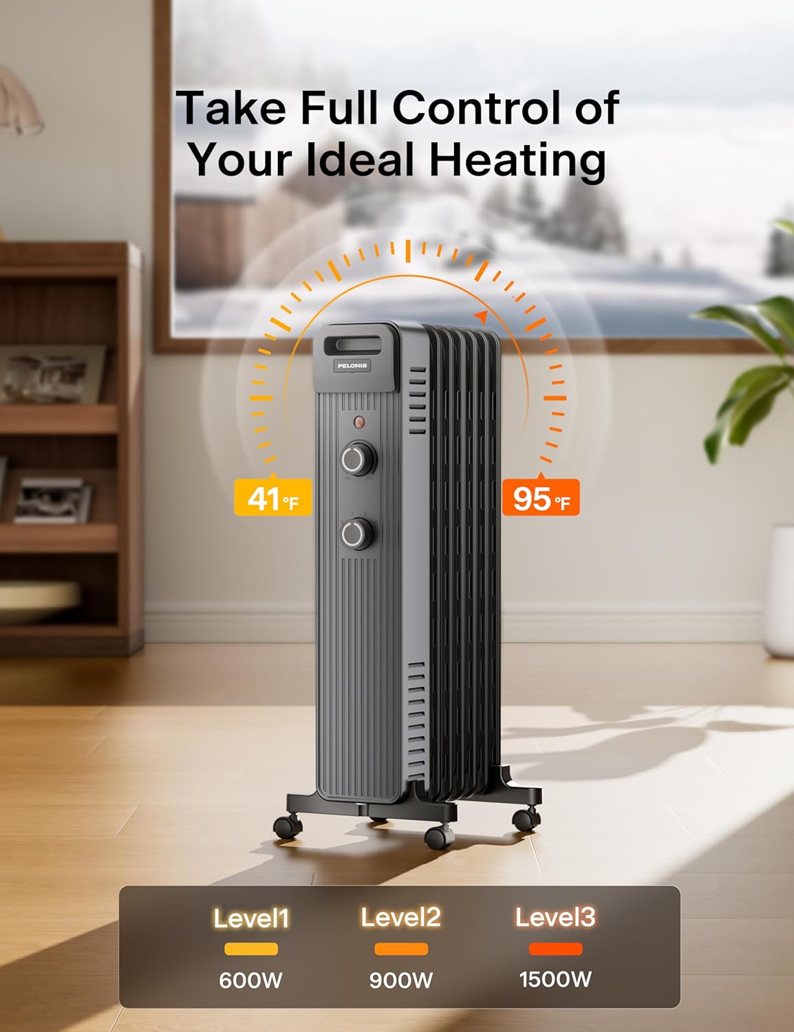 Pelonis Oil Filled Radiator Heater for Large Space, 2025 Upgraded, Space Heaters with 1500W Quiet Warmth Radiant Heater, 3 Heating Modes, Overheat & Tip-Over Protection, Adjustable Thermostat, Black - Image 6