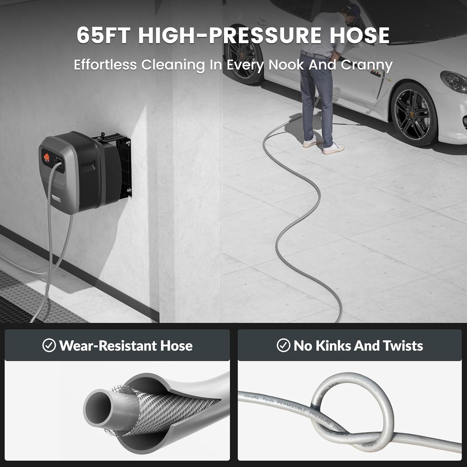 Giraffe Tools Grandfalls Retractable Pressure Washer G20, 2500 PSI 2.2 GPM, 180° Wall Mounted Power Washer, Auto-Retract with 65FT Hose Reel, 5 Nozzles for Floor/Cars/Fences/Patios, Dark Silver - Image 5