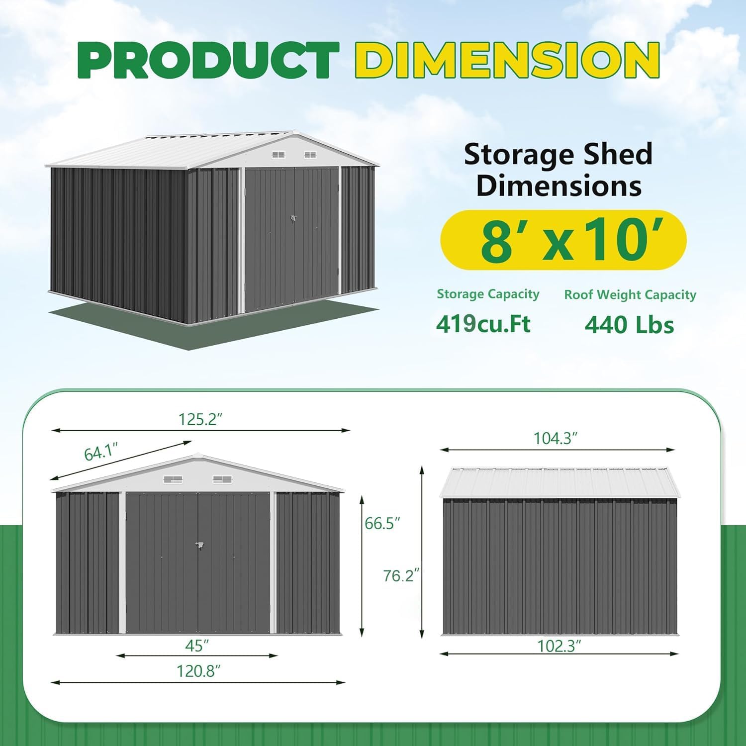 Devoko 10 x 8 FT Outdoor Storage Shed, Metal Garden Sheds & Outdoor Storage Clearance, Large Tool Shed Outdoor with Single Lockable Door for Patio Lawn Backyard (Gray) - Image 6