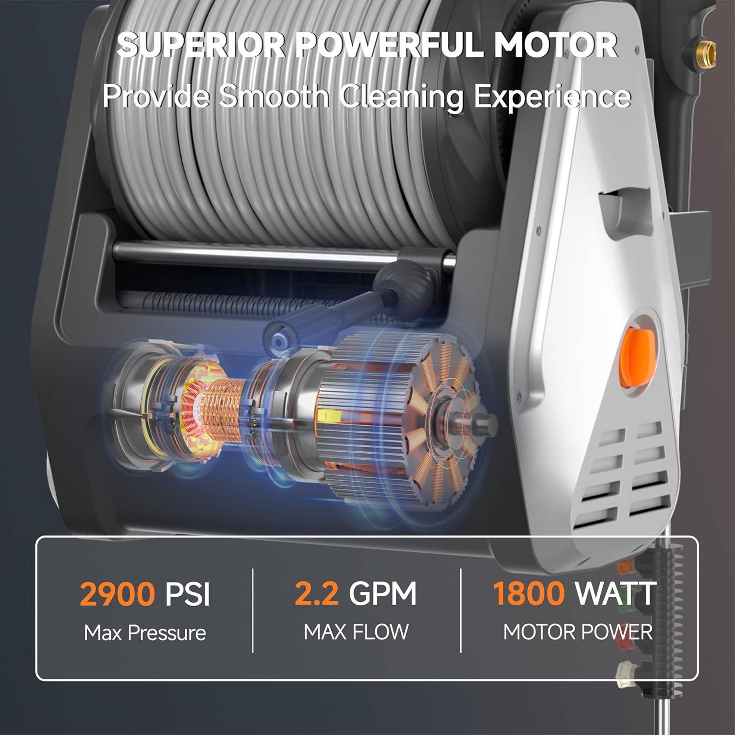 Giraffe Tools Grandfalls Wall Mount Pressure Washer Plus, Electric Power Washer with 1800W Motor, 4-Nozzles, Automatic Rewind, Any Length Lock, 100ft Pressure Hose - Image 2