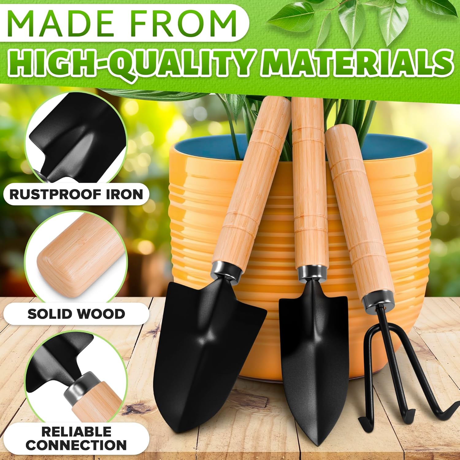 Small Garden Tools - 3 Pcs Mini Garden Tools Set with Small Trowel, Mini Shovel & Hand Rake Made of Rust-Resistant Iron & Solid Wood - Indoor Gardening Tools Set for Succulent, Bonsai & Pot Plants - Image 3