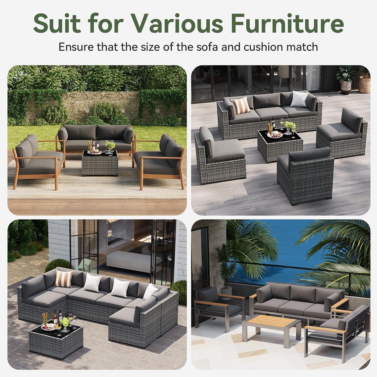 Aoxun Replacement Cushions for Outdoor Furniture, 14-Piece Outdoor Cushions for Patio Furniture, Deep Seat, Waterproof & Fade Resistant Couch Cushion for 6-Seat Patio Conversation Sets, Grey - Image 9