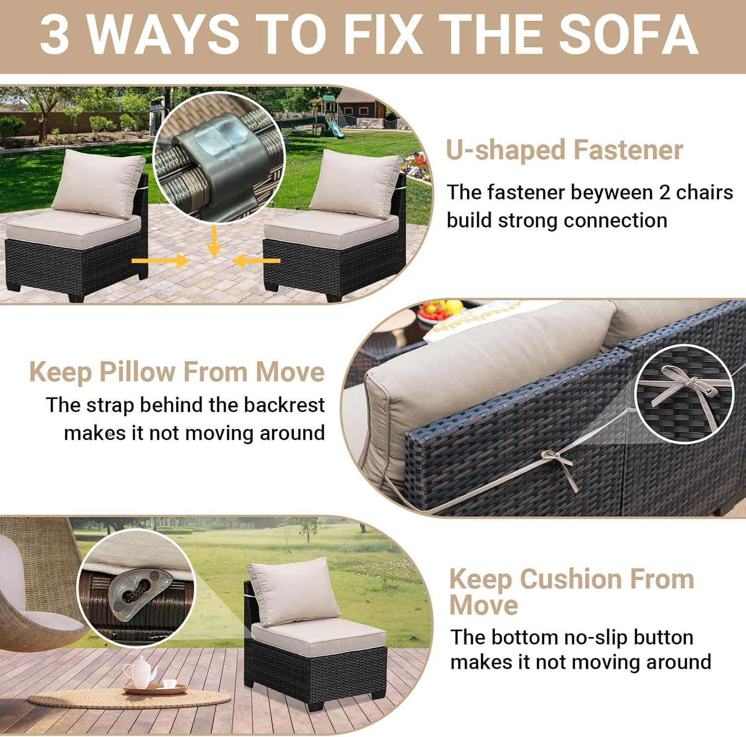 Jing's Villa 6-Piece Patio Furniture Set, All-Weather Outdoor Wicker Sectional Sofa with Cushions, Glass Table & Left and Right Armrest, Rattan Conversation Seating for Porch, Garden, Backyard,Beige - Image 6