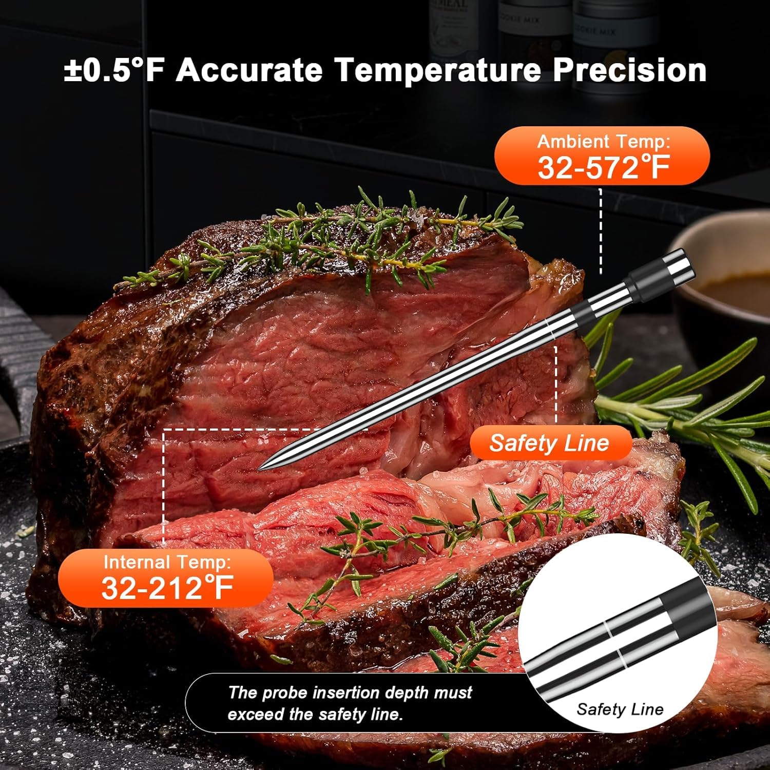Wireless Meat Thermometer with Smart Timer & APP Alerts, 800ft Bluetooth Grill Food Thermometer, 4 X 0.19In Ultra Thin Probes, ±0.5℉ Accuracy, Big Digital Backlit Screen, for BBQ, Oven, Smoker - Image 5