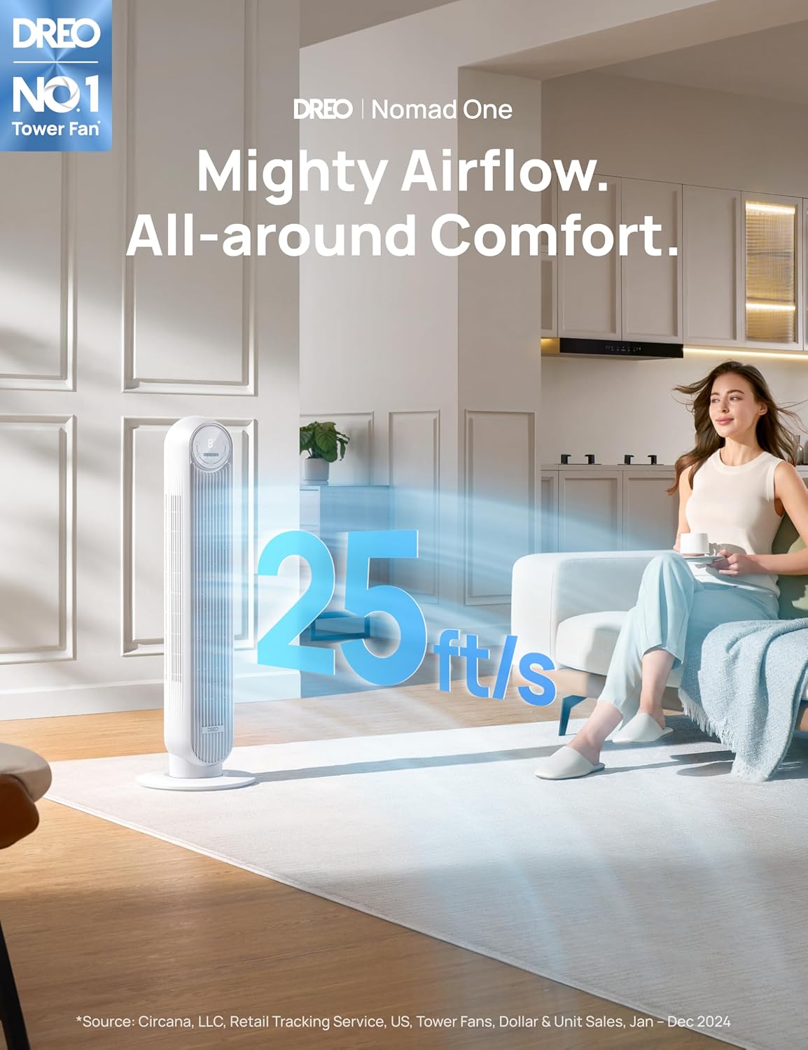 Dreo Tower Fan for Bedroom, 25ft/s Velocity Quiet Floor Fan, 90° Oscillating Fans for Indoors with 4 Speeds, 4 Modes, 8H Timer, Standing Fans, Bladeless Fan, White (DR-HTF007) - Image 2