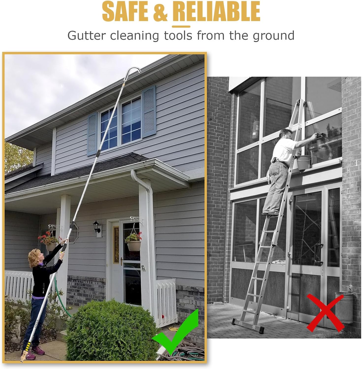 16ft (24ft Reach) Gutter Cleaning Tools from The Ground, Telescoping Rain Gutter Cleaner Tool, Gutters Cleaning Wand, Gutters Cleaning Hose Attachment & Connection Adapter - Image 4
