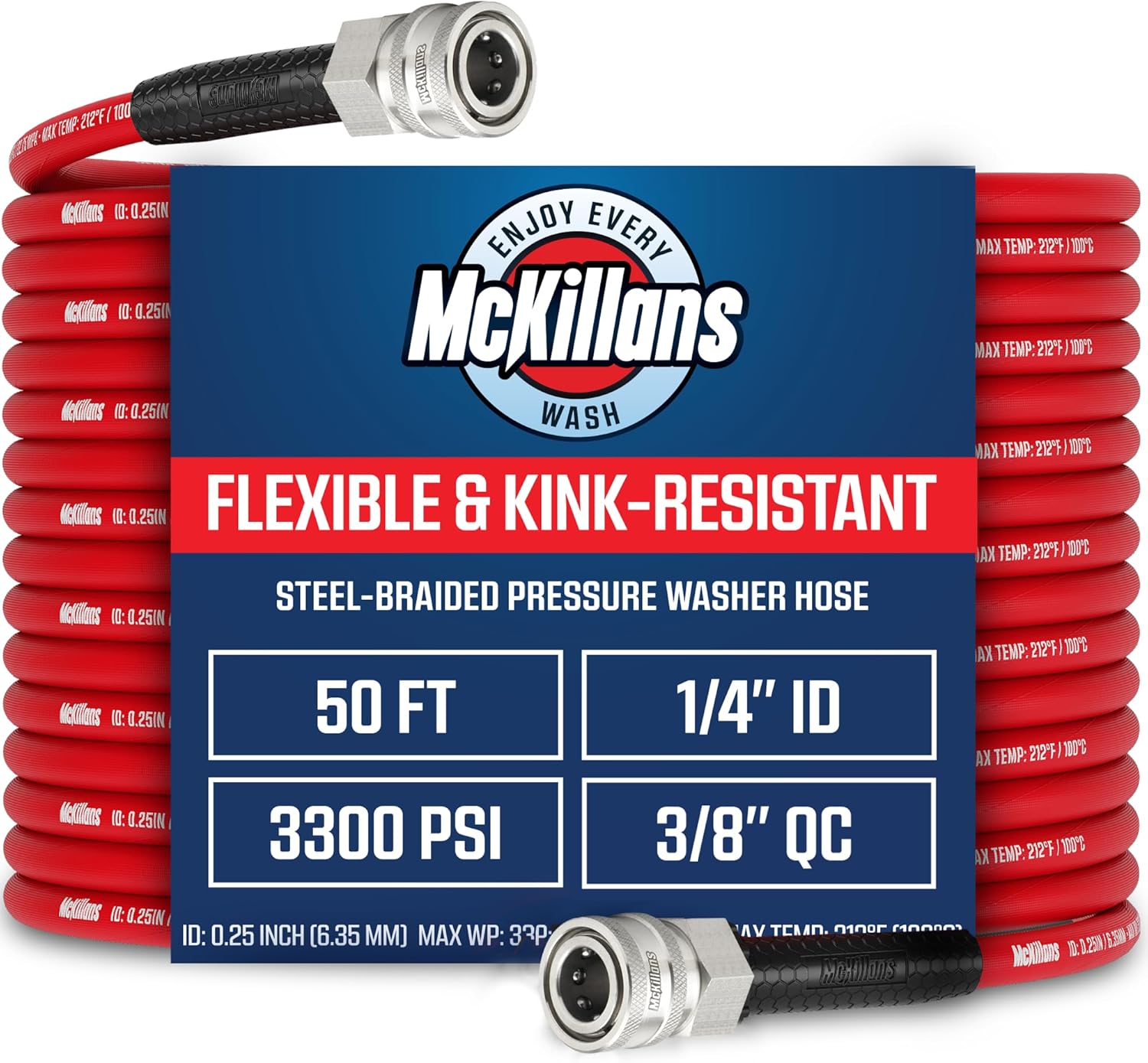 McKillans® QC Installed Pressure Washer Hose 50 ft - Flexible & Kink-resistant - Steel-Braided & Durable- 3/8" QC Pre-Installed Stainless Steel - Power Washer Hose - High Pressure 1/4" Inner Diameter