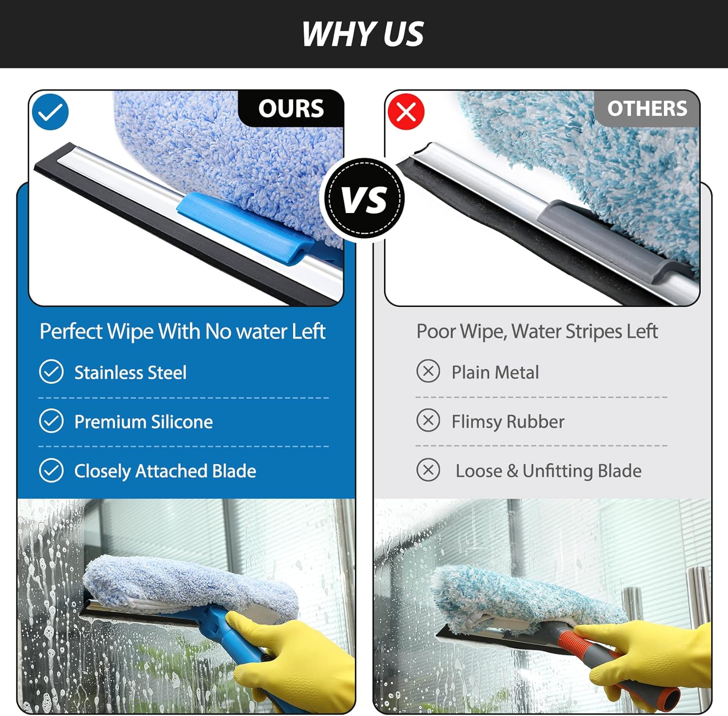 VITEVER Professional 69'' Window Squeegee Cleaner Tool with Extension Pole, 2-in-1 Squeegee for Window Cleaning Kit with Scrubber and Rotating Head, 1 Blade 2 Scrubber - Image 3