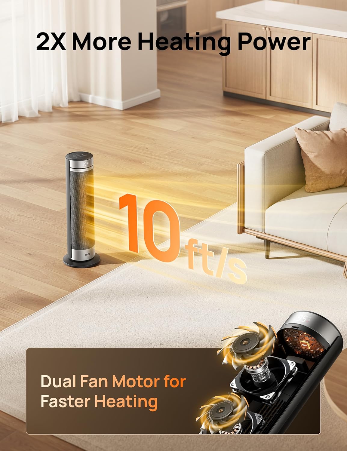 DREO Space Heater for Large Room, 23 Inch Electric Heaters for Indoor Use, 8 Safe Protection Tower, 70° Oscillation, PTC Ceramic with Thermostat and Remote, Quiet, 12H Timer, Bedroom, Office - Image 3