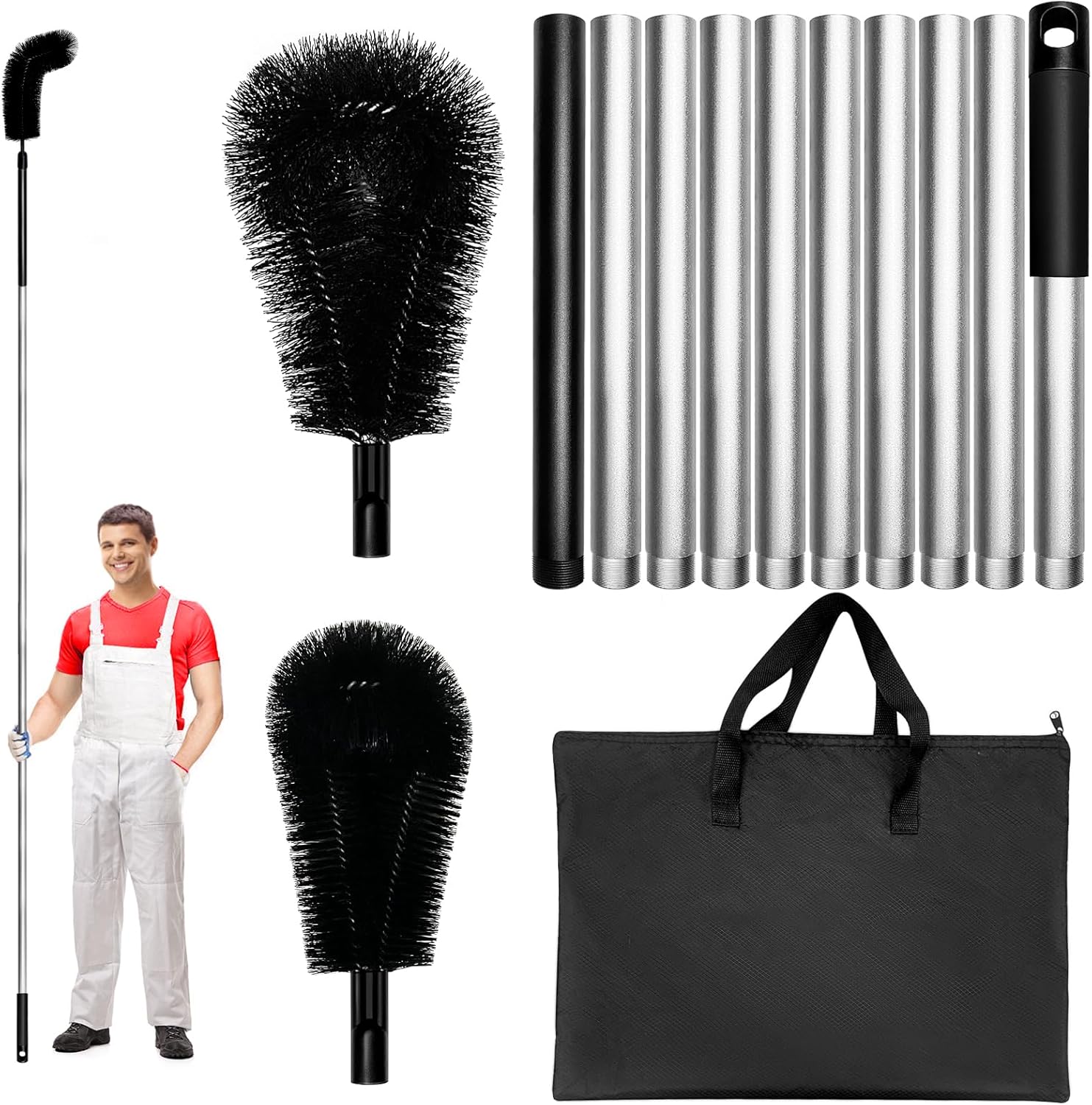 13FT Gutter Cleaner Tools, Long-Reach Rain Gutter Cleaning Brush, Removes Leaf Debris from Roof Gutters Without a Ladder, Leaf Cleaning Kit with 2 Brushes and Storage Bag, Black