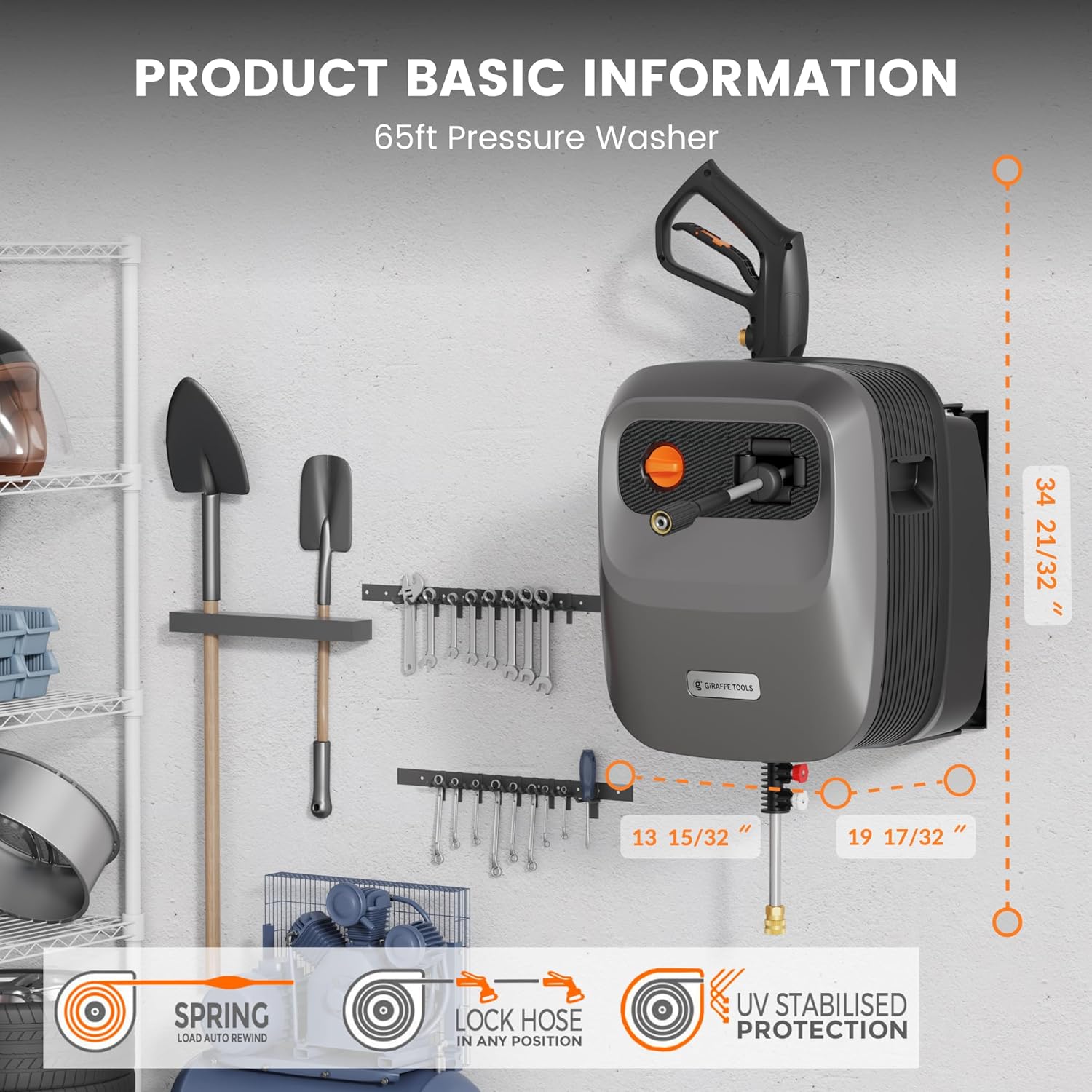 Giraffe Tools Grandfalls Retractable Pressure Washer G20, 2500 PSI 2.2 GPM, 180° Wall Mounted Power Washer, Auto-Retract with 65FT Hose Reel, 5 Nozzles for Floor/Cars/Fences/Patios, Dark Silver - Image 2
