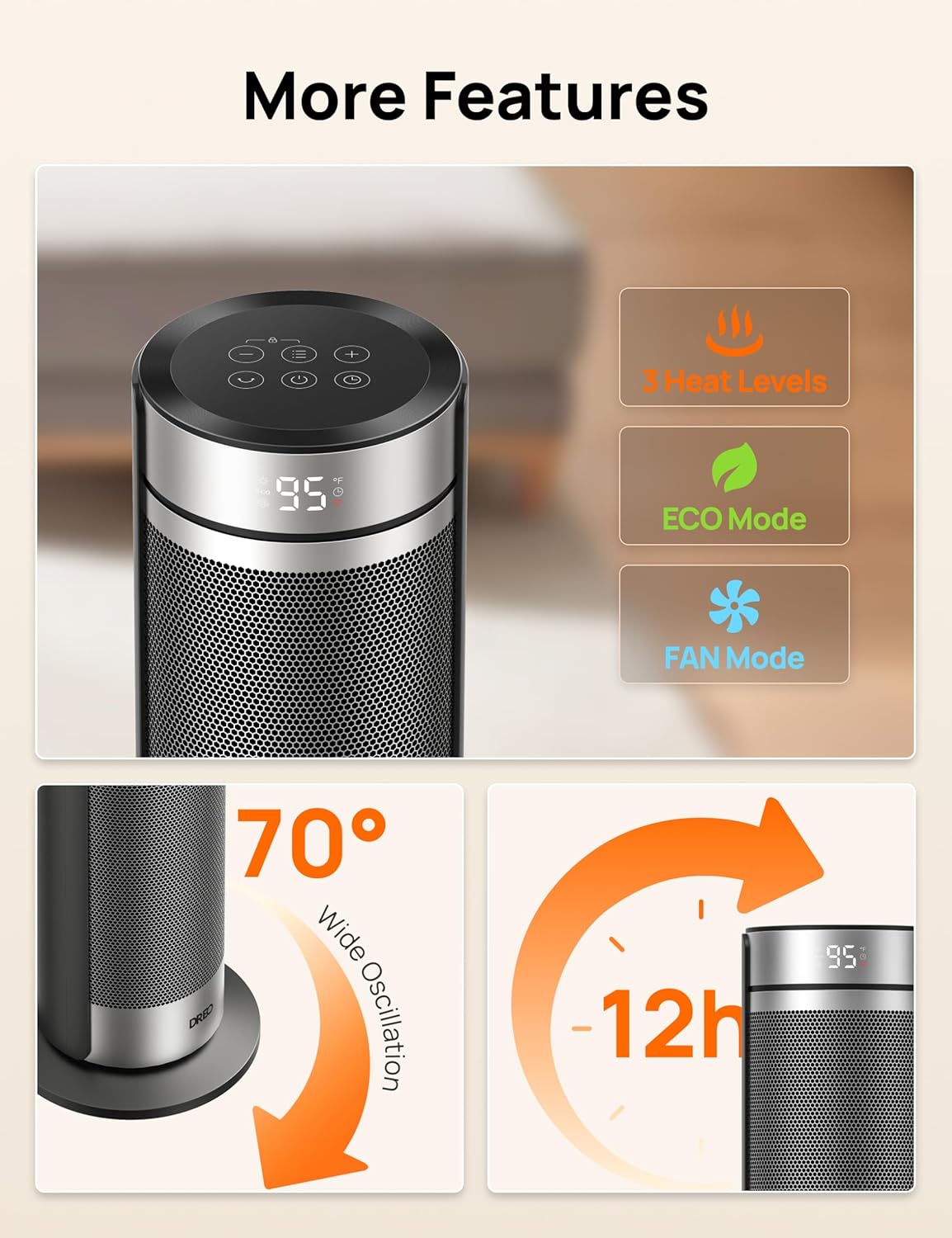 DREO Space Heater for Large Room, 23 Inch Electric Heaters for Indoor Use, 8 Safe Protection Tower, 70° Oscillation, PTC Ceramic with Thermostat and Remote, Quiet, 12H Timer, Bedroom, Office - Image 7