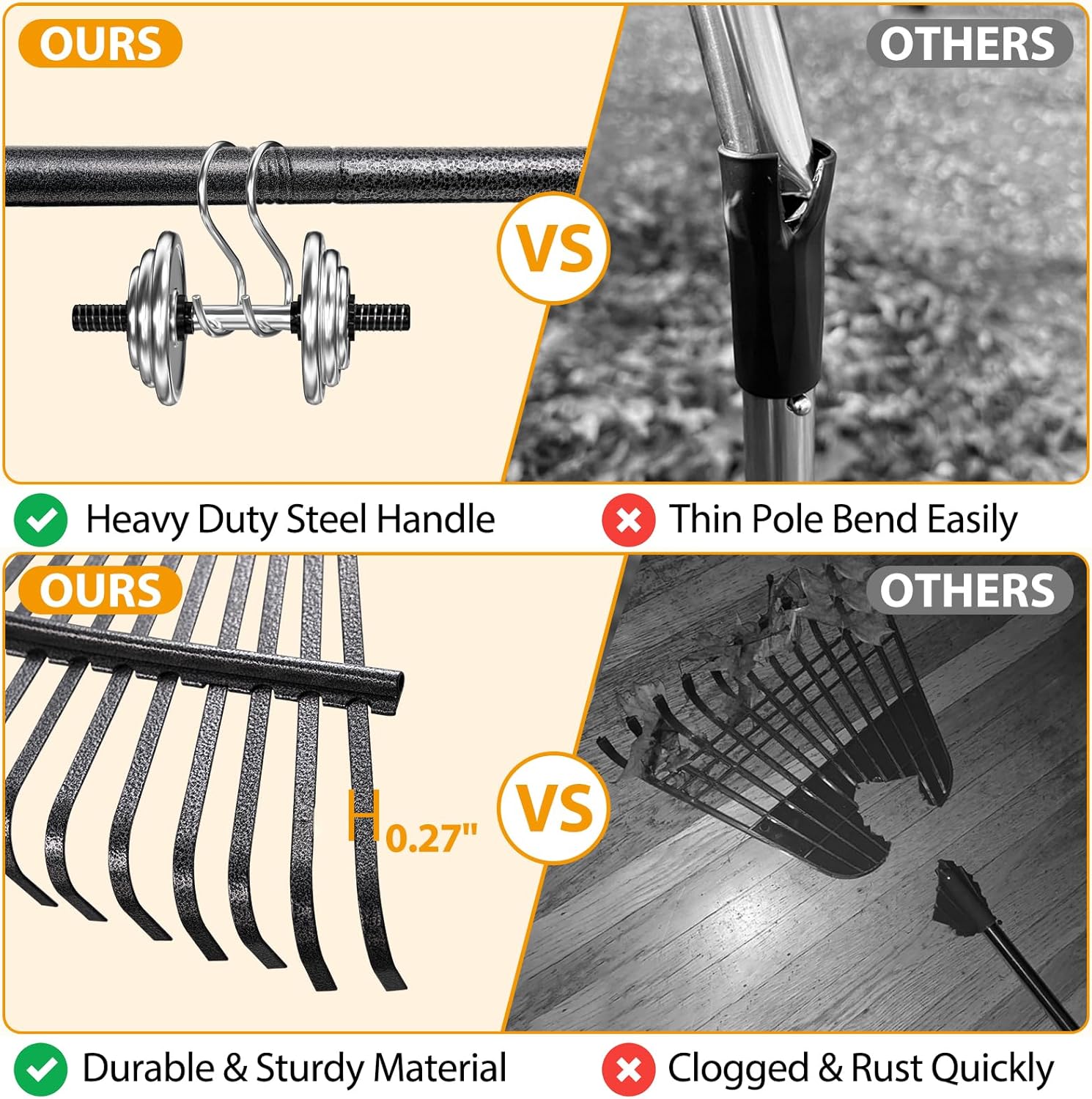 Rake, Garden Leaf Rakes for Lawns Heavy Duty, Yard Metal Rake Tools with 9" Small Narrow Rake Head, 65” Adjustable Long Handle, 11 Steel Tines, Quick Clean up Rake for Shrub, Flower Bed, Camping - Image 2