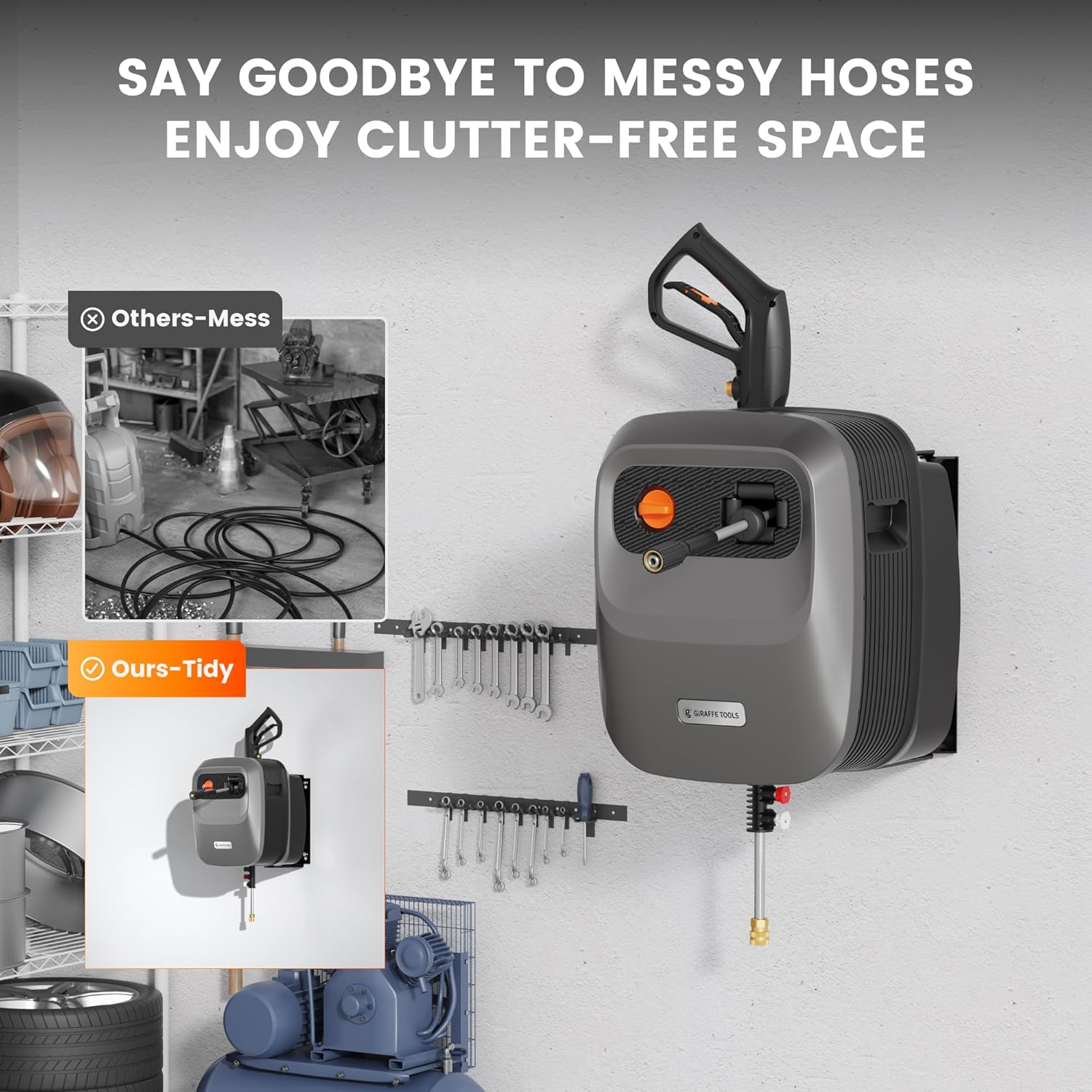 Giraffe Tools Grandfalls Retractable Pressure Washer G20, 2500 PSI 2.2 GPM, 180° Wall Mounted Power Washer, Auto-Retract with 65FT Hose Reel, 5 Nozzles for Floor/Cars/Fences/Patios, Dark Silver - Image 4