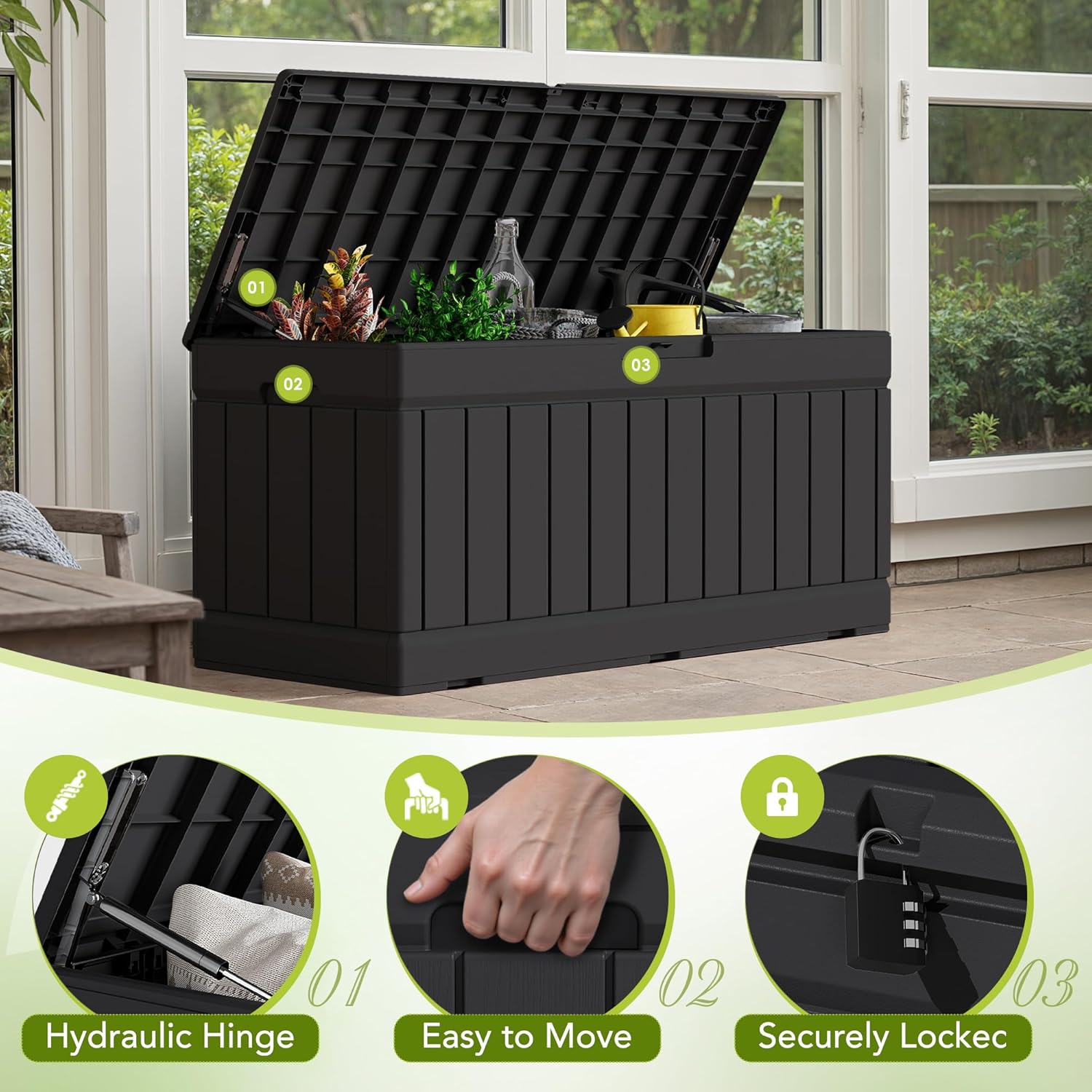 Devoko 78 Gallon Deck Box, Waterproof Resin Outdoor Storage Box for Outside and Patio, Outdoor Storage Bench Lockable for Patio Furniture, Garden Tools and Pool Supplies (Black, 78 Gallon) - Image 2