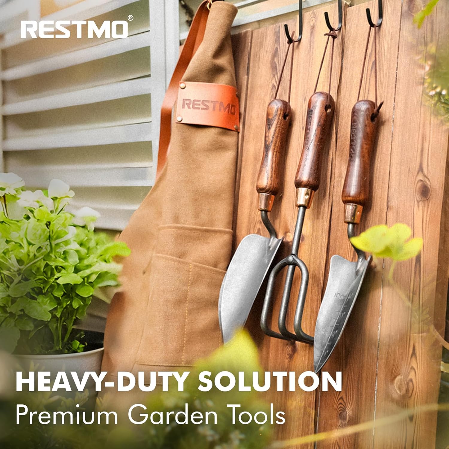 RESTMO 3-in-1 Heavy Duty Gardening Tools Kit, Premium Carbon Steel Garden Hand Tools with Ergonomic Wooden Handle Includes Trowel, Transplanter, and Cultivator, Ideal Gardening Gifts for Gardener - Image 3