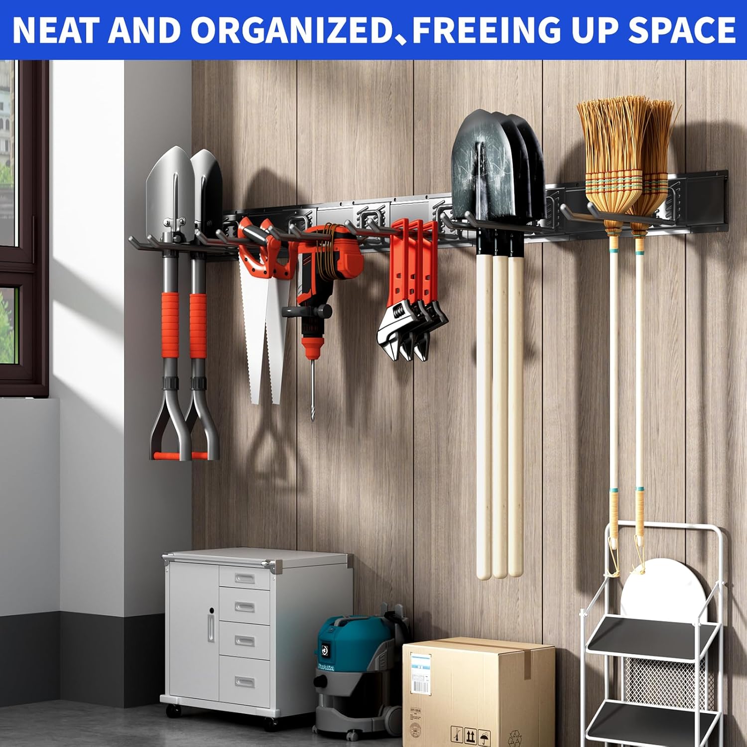 Garage Tool Organizer Wall Mount, 48inch Heavy Duty Garden Tool organizer Storage System, Easy Install With 6 Adjustable Straight Hooks, For Garage, Basement, Shed, Workshop(Black) - Image 6