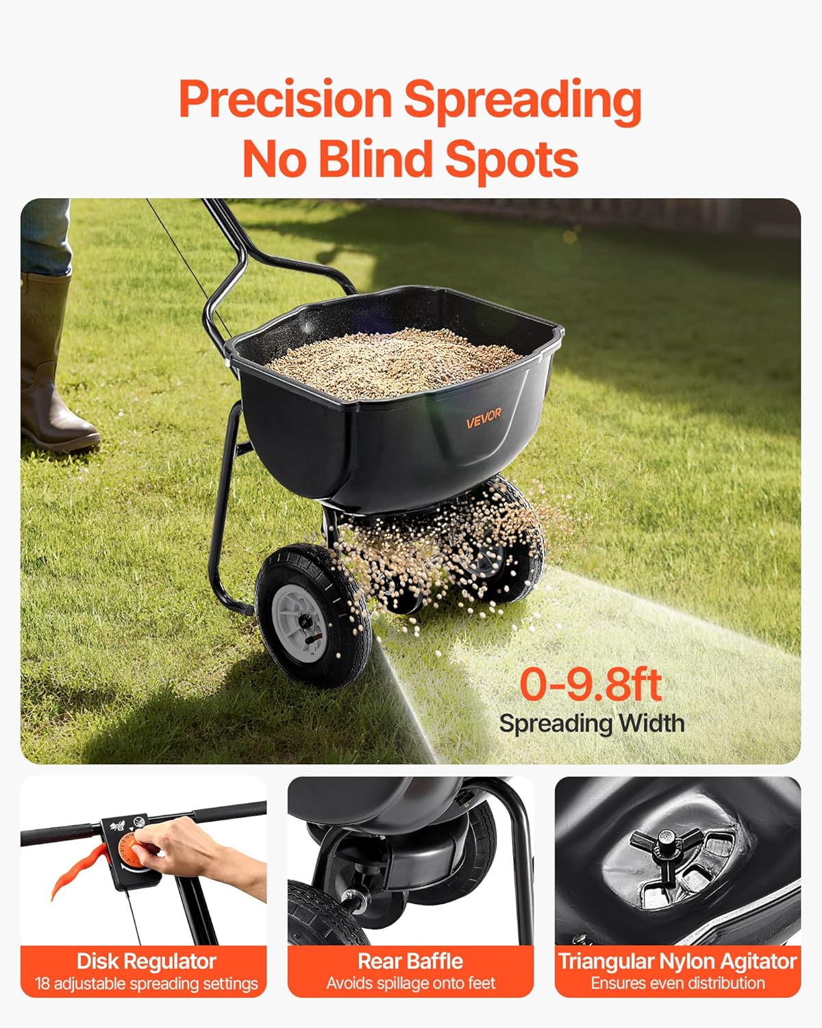 VEVOR Walk Behind Spreader, 60LBS Capacity, Push Spreader with Hopper Grate, 0-9.8 ft Spreading Width, 8 in All Terrain Pneumatic Tires, Garden & Lawn Broadcast Spreaders, for Seed, Fertilizer - Image 2