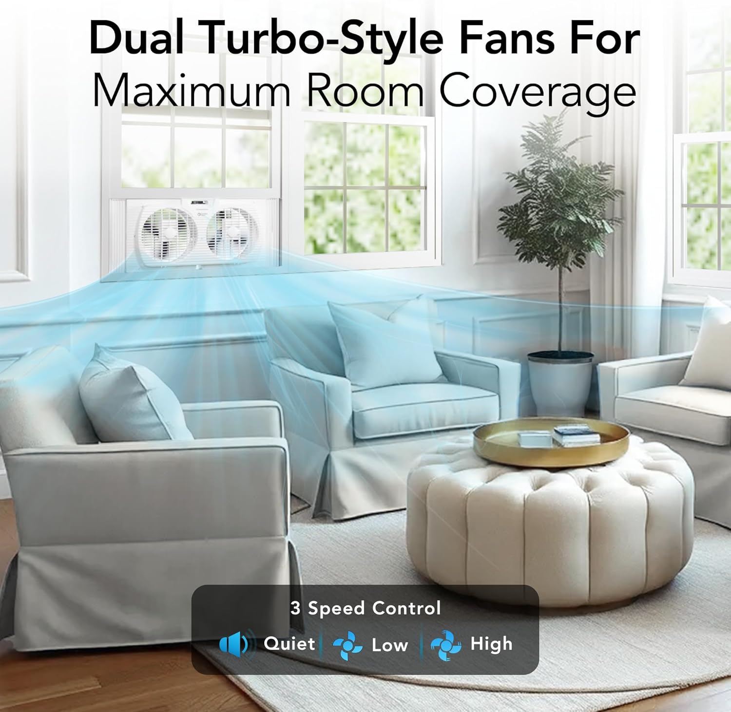 Comfort Zone 9-Inch 3-Speed Reversible Twin Window Fan – Dual Blade Window Exhaust Fan with Auto-Locking Expanders, 22.25" to 33" Wide – Tabletop Feet & Removable Bug Screen included - Image 2