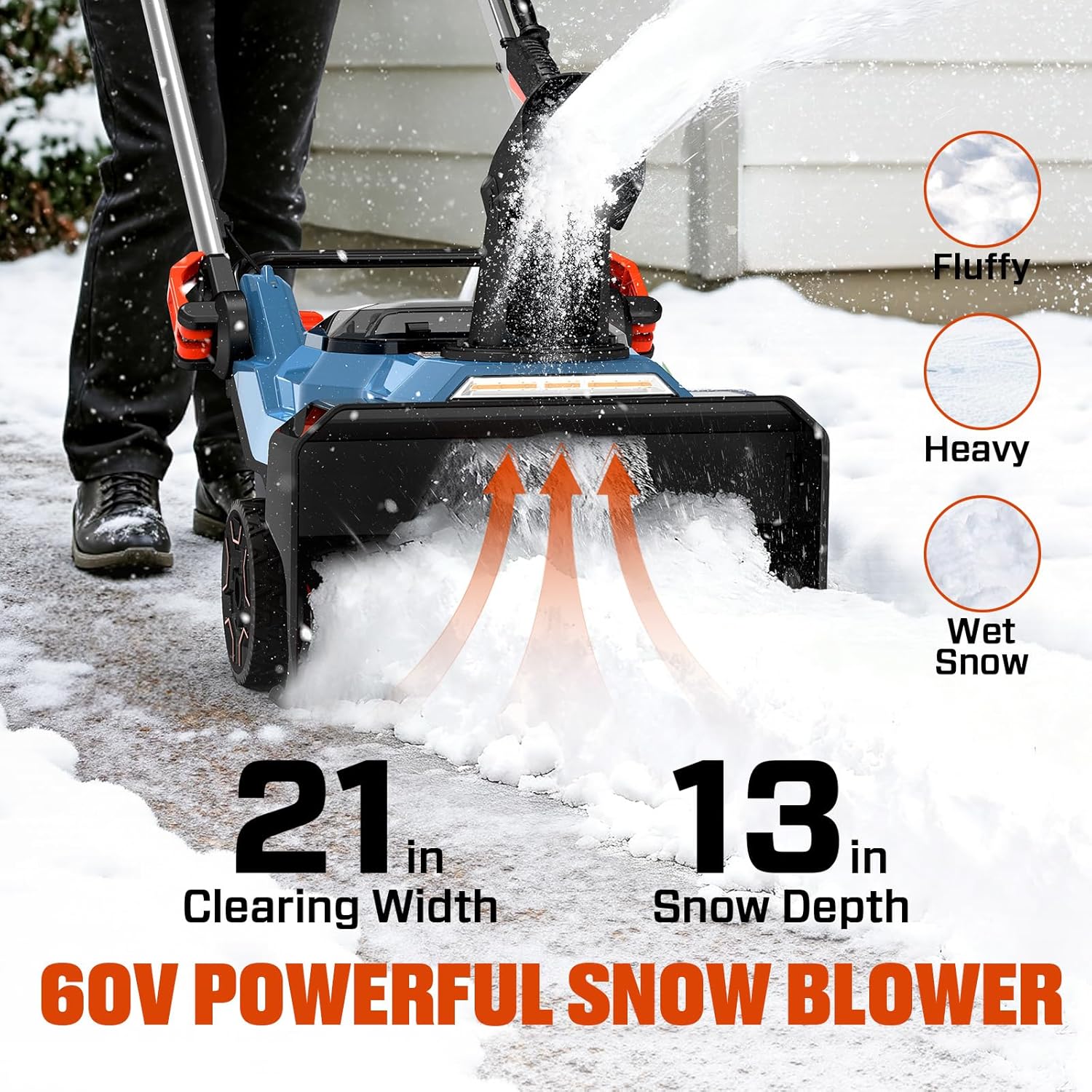 SENIX 60V 21" Cordless Snow Blower, Steel Auger, 3500W Brushless Motor, Heated Handle,13" Depth, 45FT Throw Distance, LED Lights, 16000mAh Batteries & Dual Port Charger,1200lbs/min - Image 2