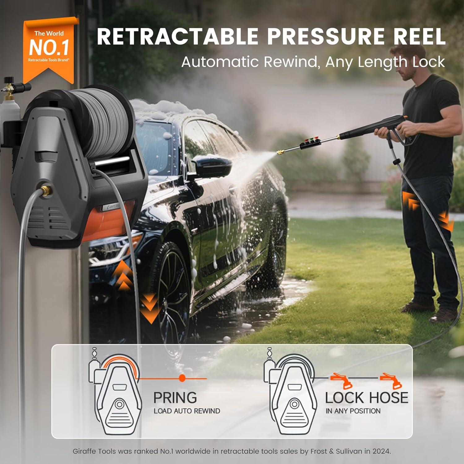 Giraffe Tools Grandfalls Retractable Pressure Washer Pro, Wall Mounted Pressure Washer with 1800W Brushless Motor, 3700PSI Electric Power Washer with 100ft Pressure Hoses, Dark Silver - Image 3